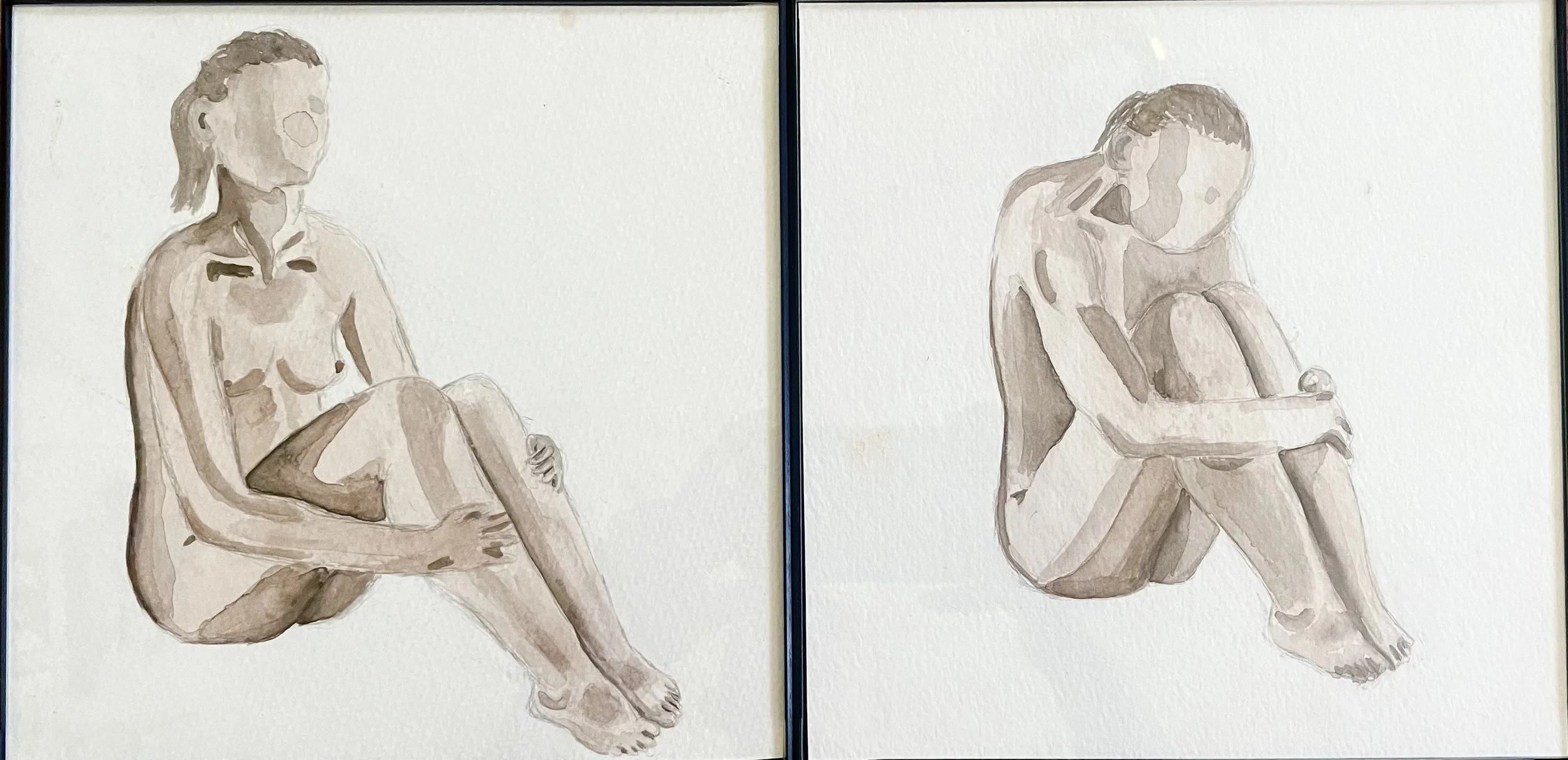 Two watercolor sketches of seated female nude figures on white paper, one on left and one on right, in a minimalist art style.