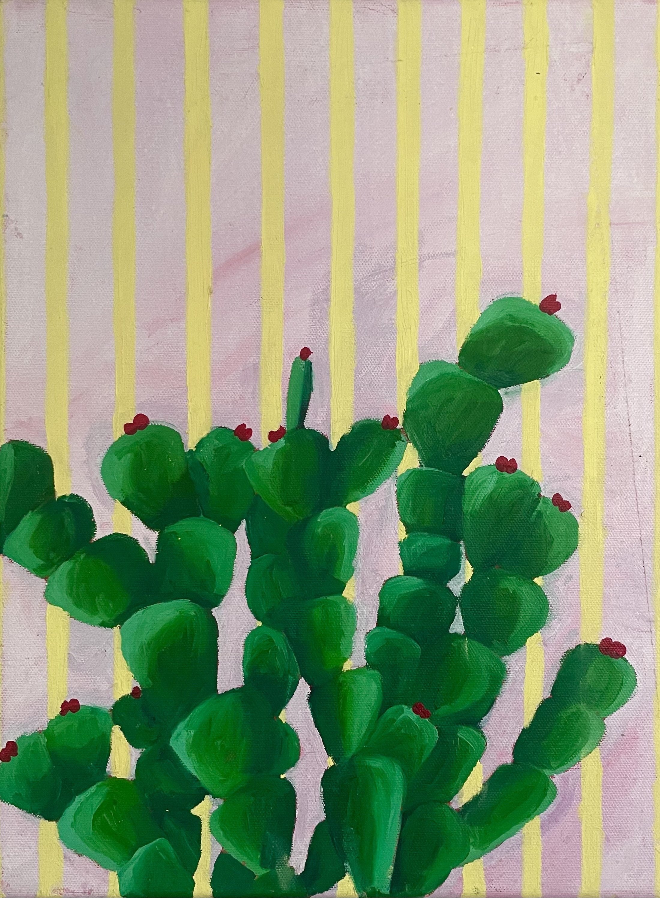 Painting of green cactus pads with small red buds on a pink background with yellow vertical stripes.