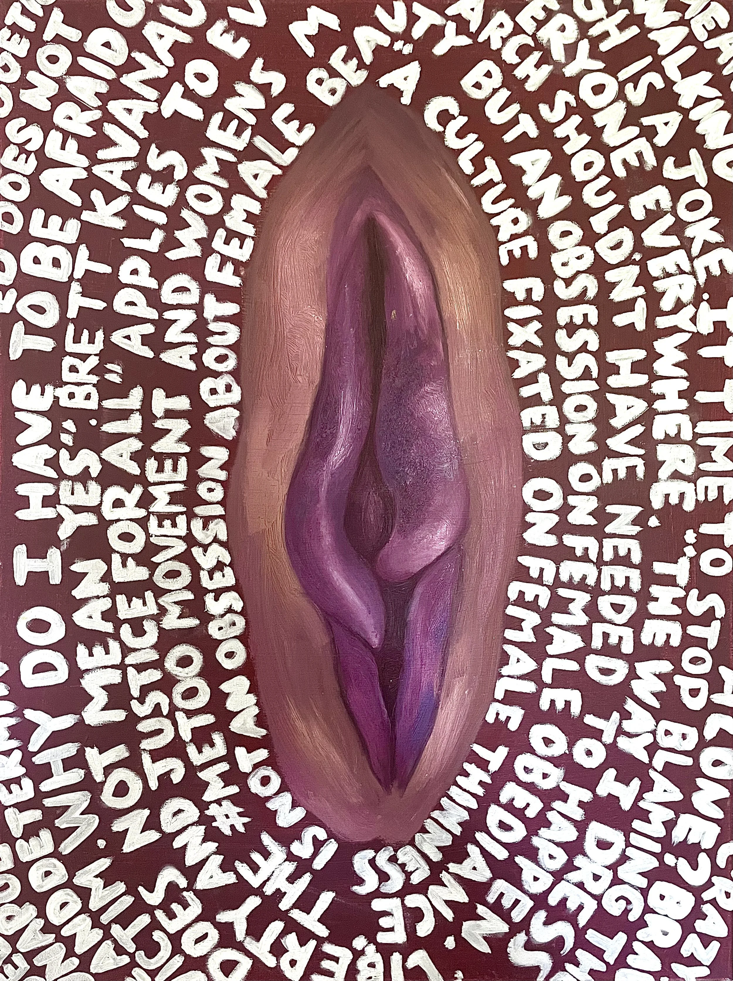 An abstract painting featuring a central purple and pink shape resembling female genitalia, surrounded by white handwritten-type text on a dark red background.