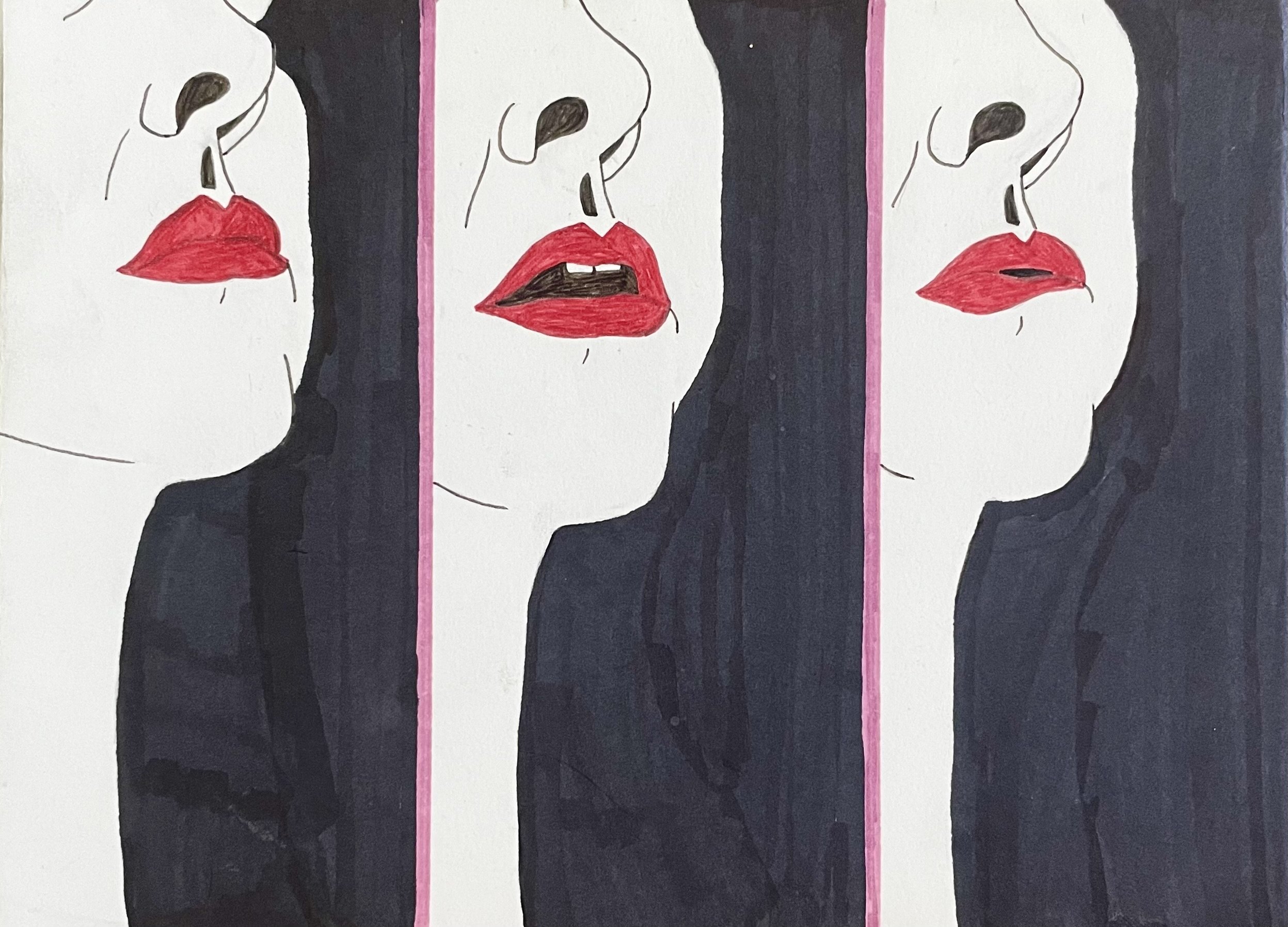 Artistic triptych of a woman's face in profile, featuring bold black, white, and red colors. The woman has dark hair and red lips, with the middle panel showing her biting her lower lip.