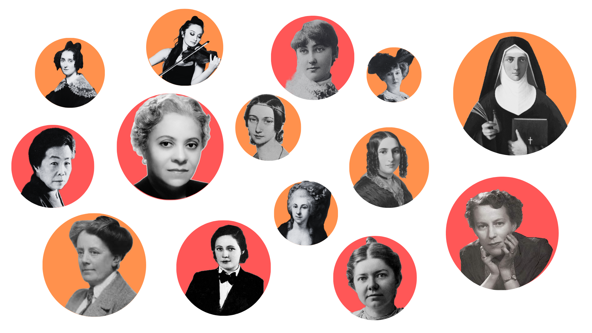 Collection of black and white portraits of women, set against a colourful circular background in orange and red.