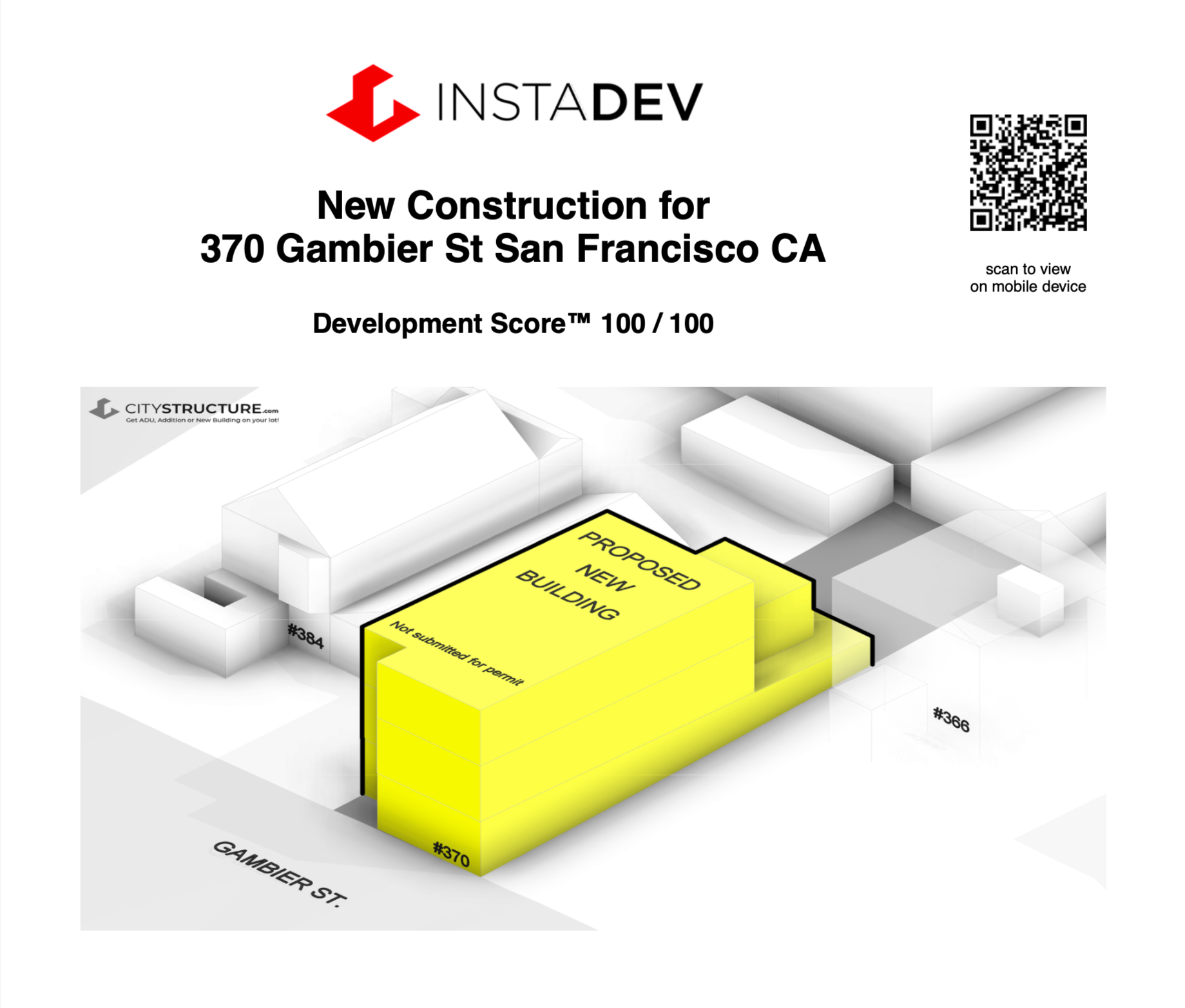 A blueprint of a proposed new building on Gambier Street in San Francisco, showing the vacant lot marked in yellow as 'Proposed New Building' and labeled not submitted for permit, with surrounding existing structures numbered 384 and 366.