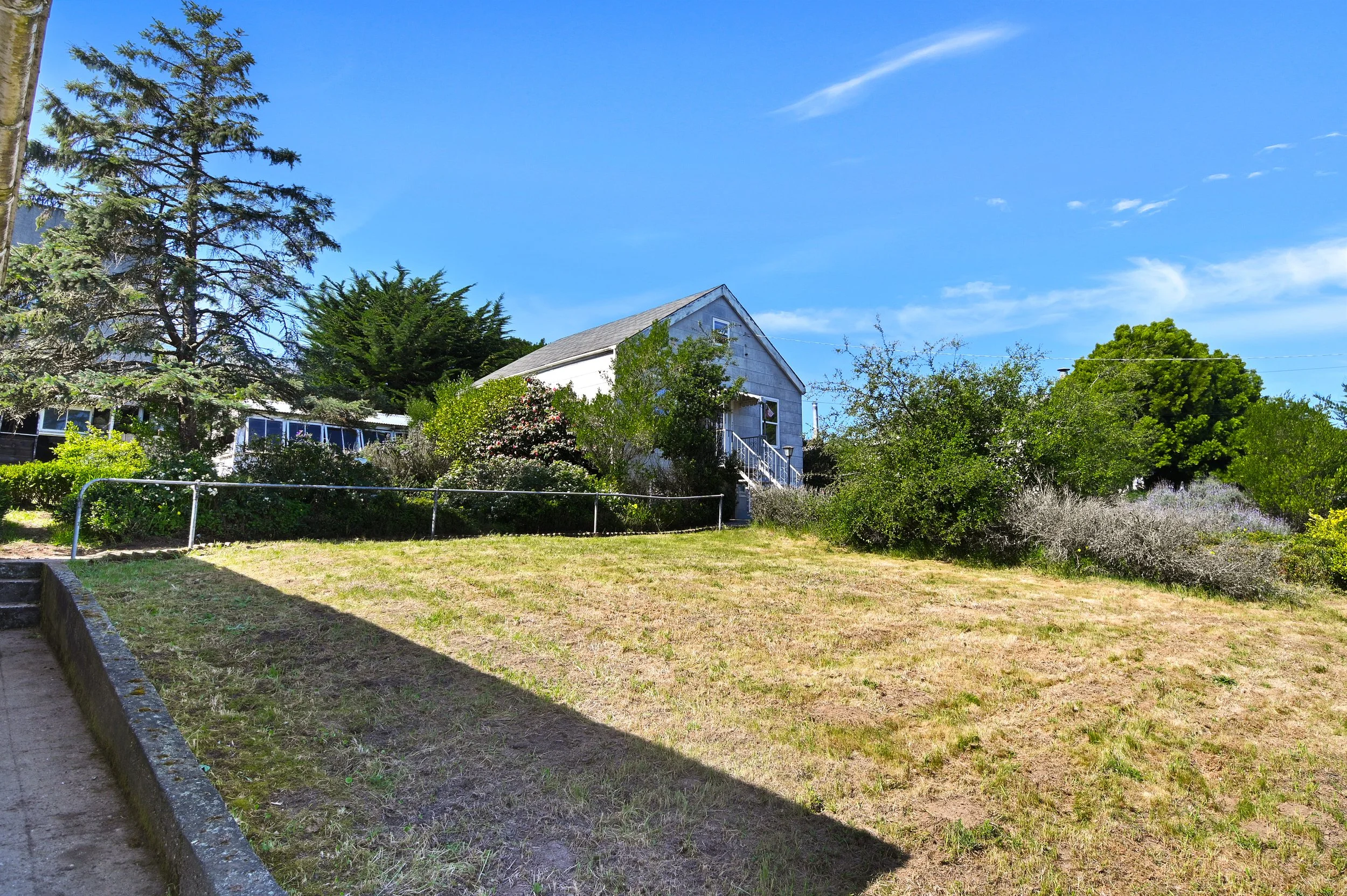 A grassy yard with a shadow on the left, trees, bushes, and a small white house with stairs, under a blue sky with clouds.