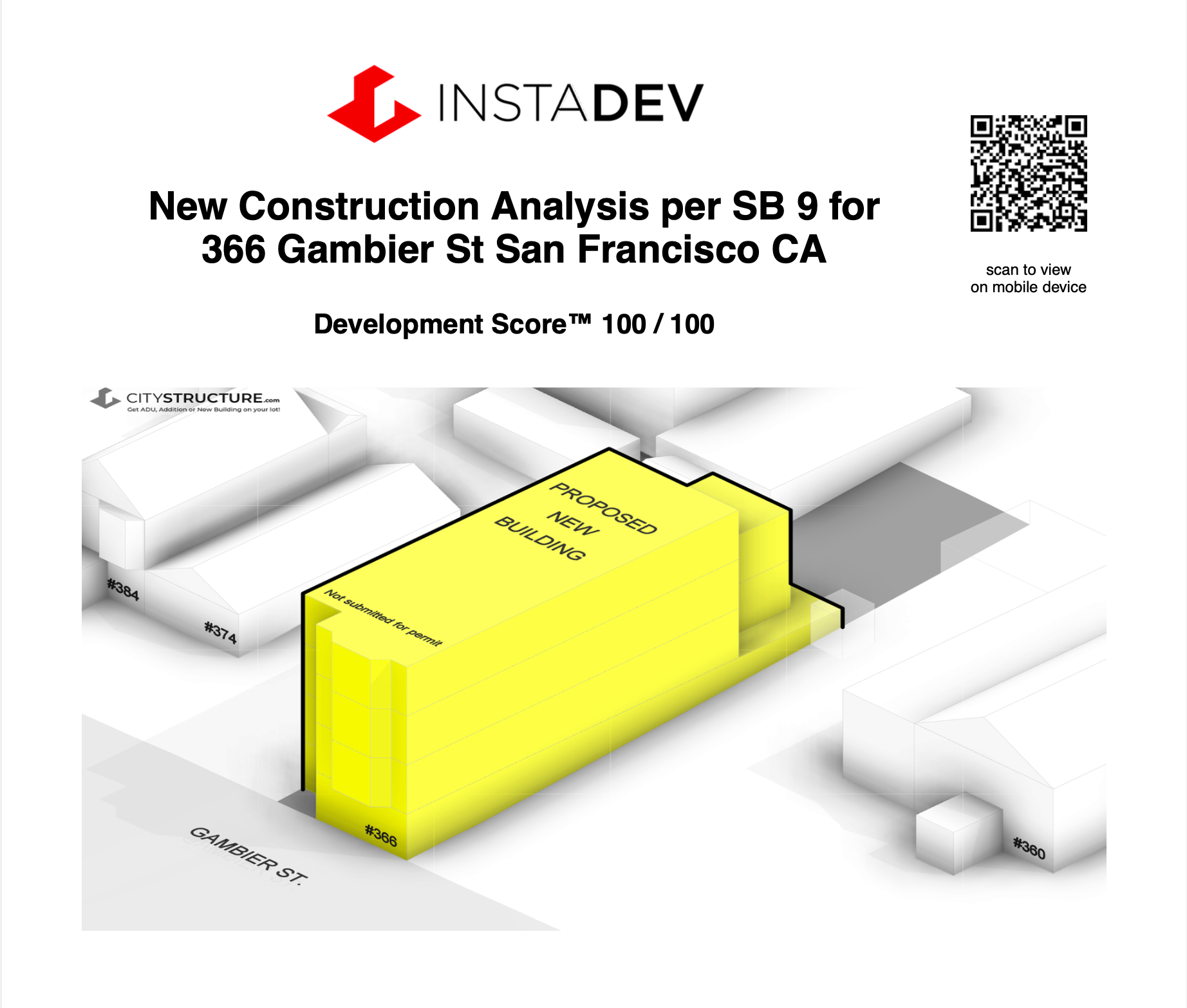 Map showing proposed new building at 366 Gambier Street in San Francisco, highlighted in yellow, with surrounding buildings labeled with their addresses, and a QR code on the upper right corner.