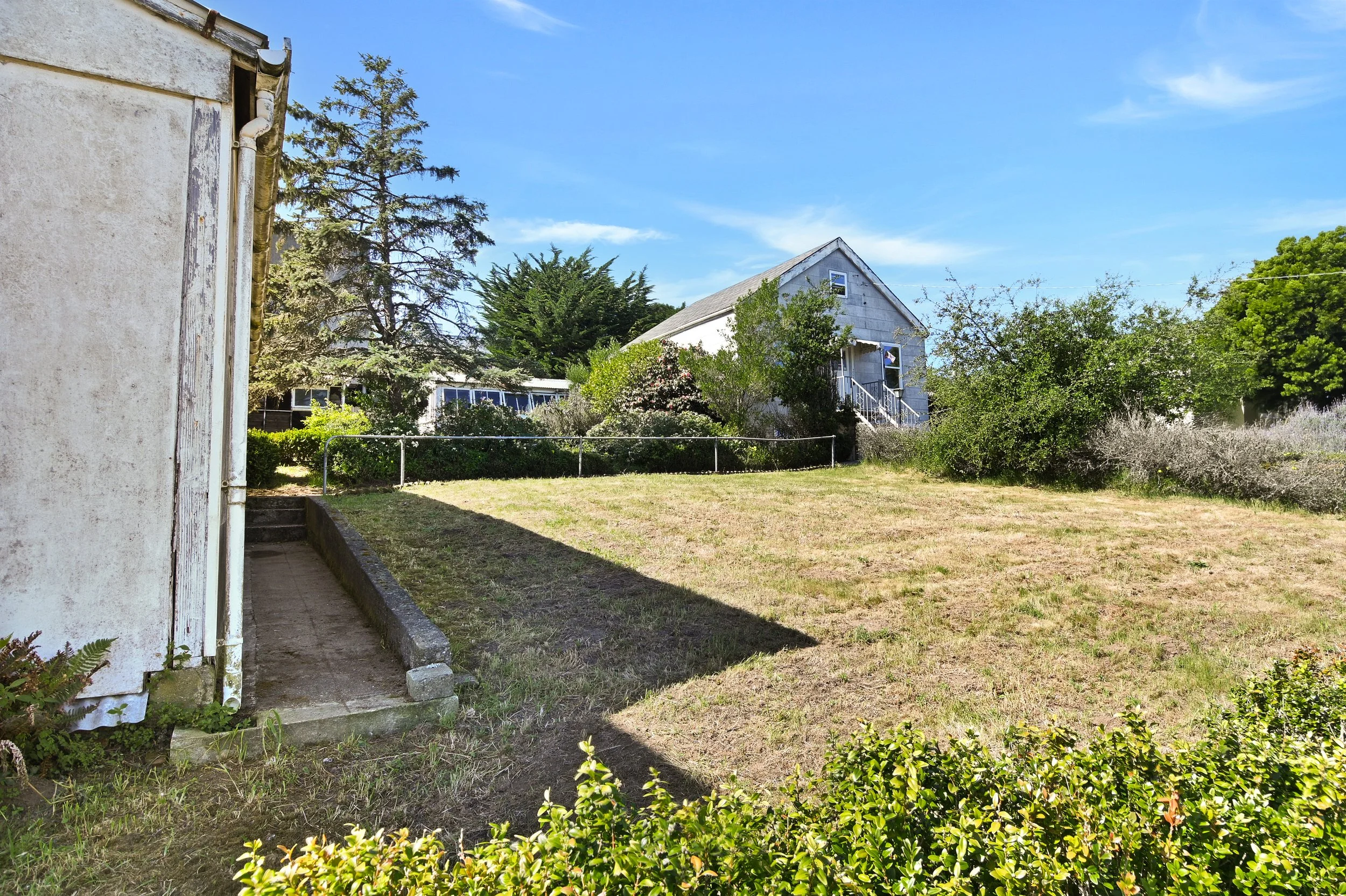 A backyard with grass, bushes, trees, and a house in the background, with a part of a weathered building on the left side of the image.