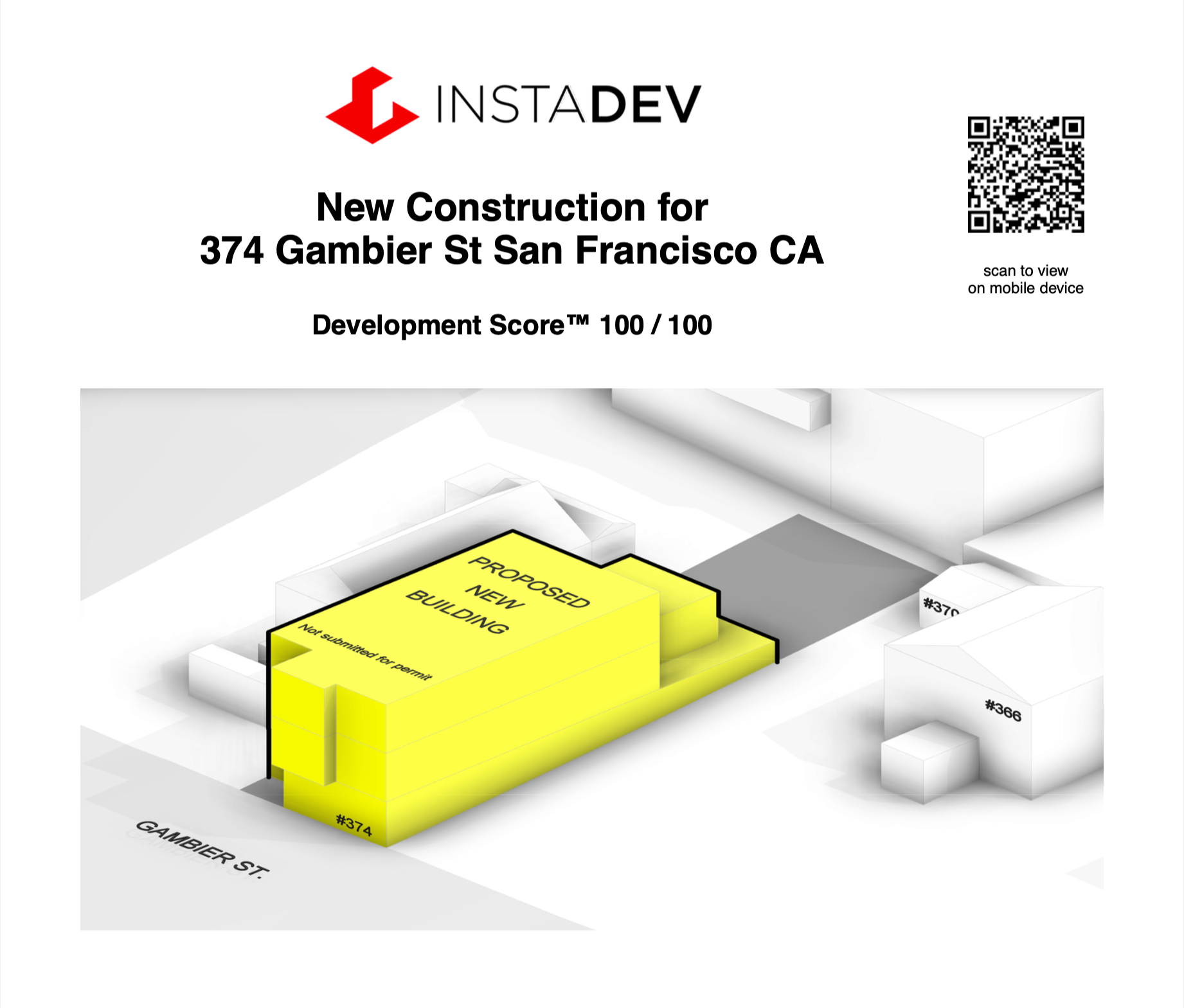 Architectural site plan showing proposed new building at 374 Gambier Street, San Francisco, highlighted in yellow, with neighboring structures and address labels.
