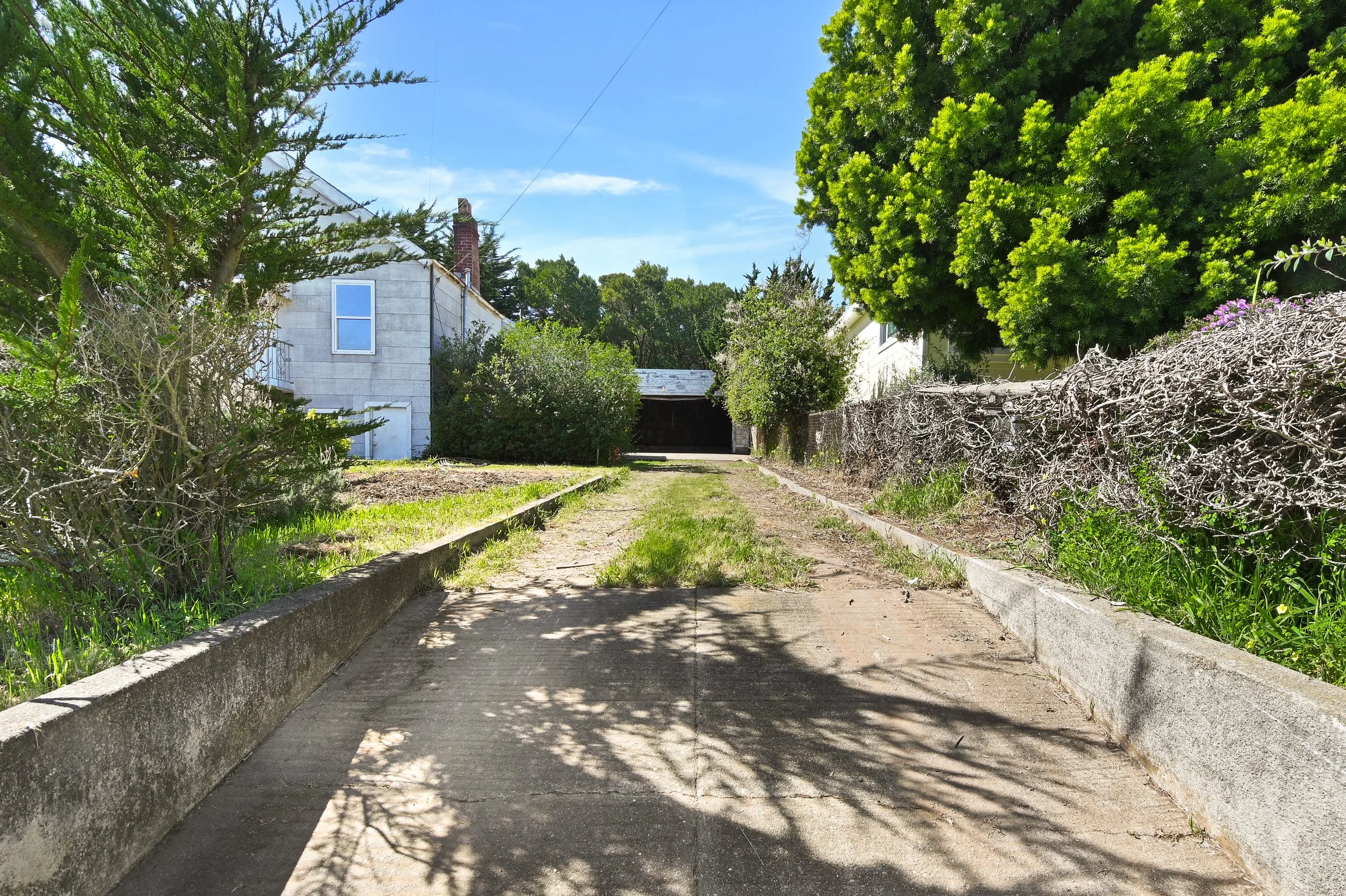 A driveway leading to a garage at the back of a residential property, flanked by bushes and trees, with a clear blue sky overhead.