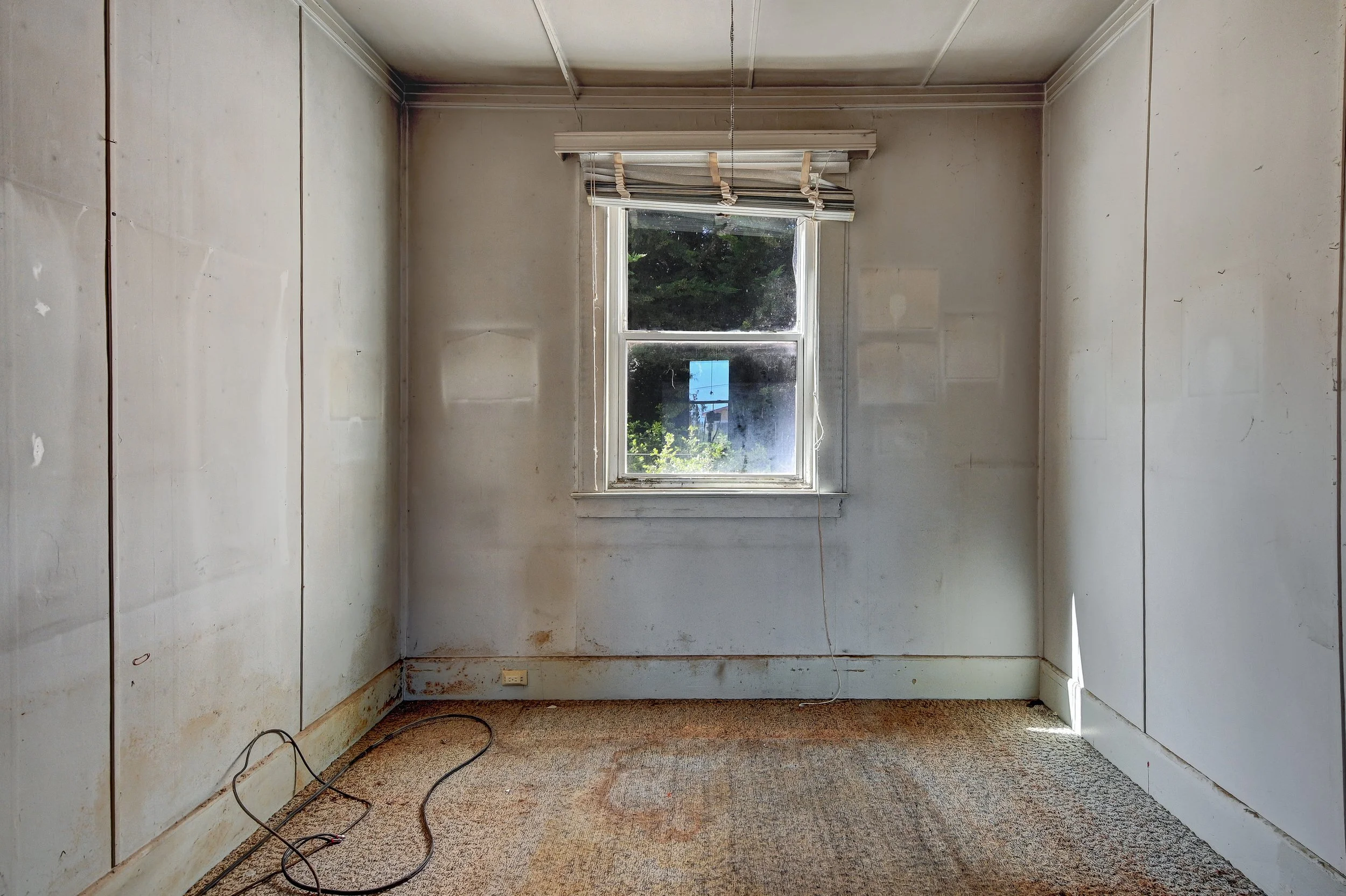 An empty room with stained beige carpet, peeling white walls, and a single window with blinds, showing an outdoor scene.