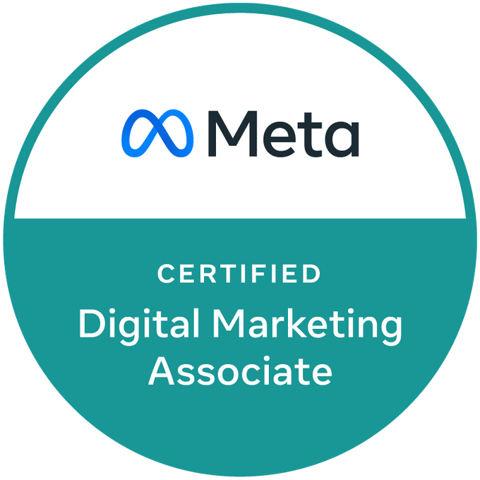Meta Certified Digital Marketing Associate badge with blue and white design.