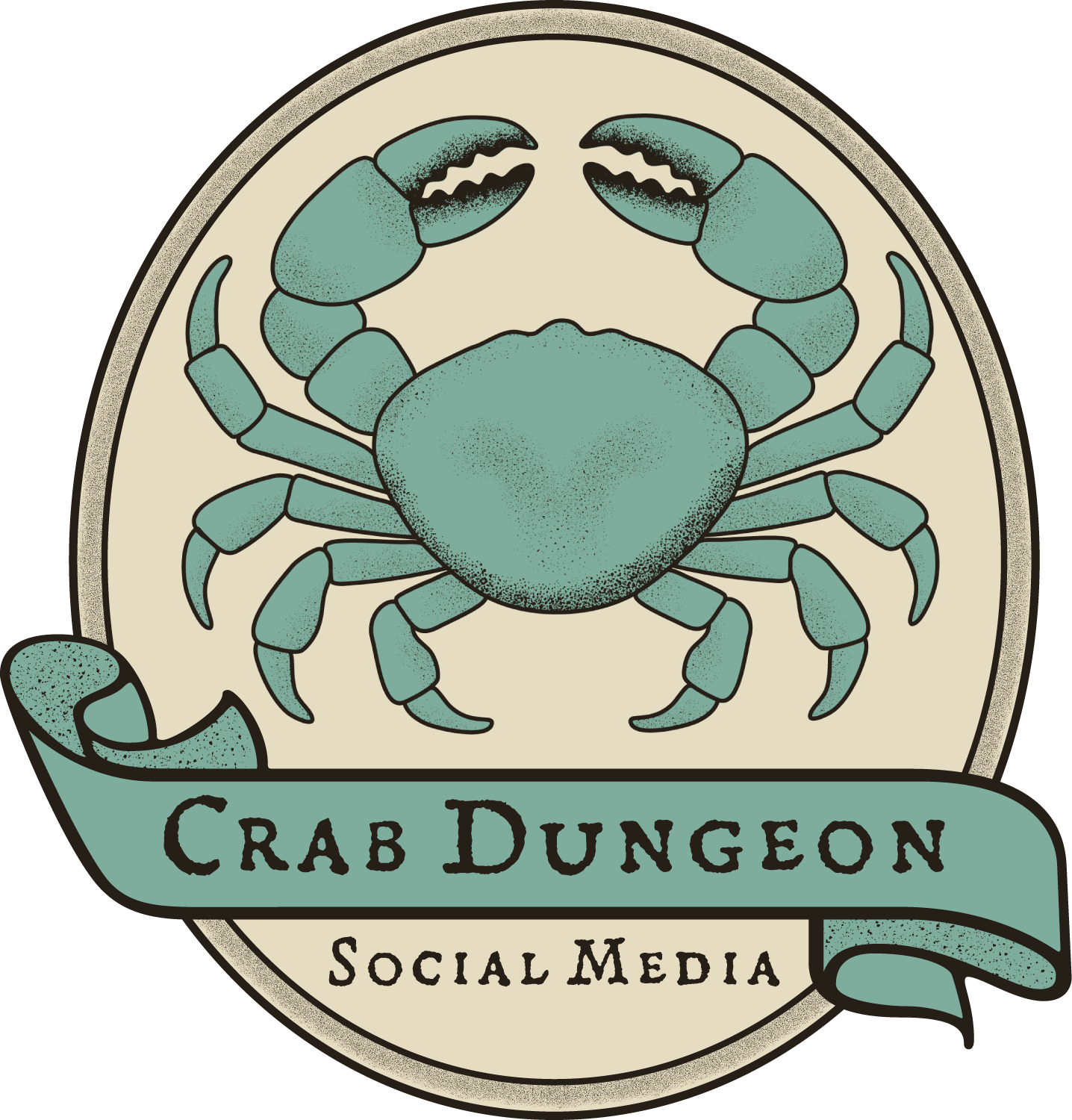 A logo featuring a stylized crab with the text 'Crab Dungeon Social Media' on a ribbon banner.
