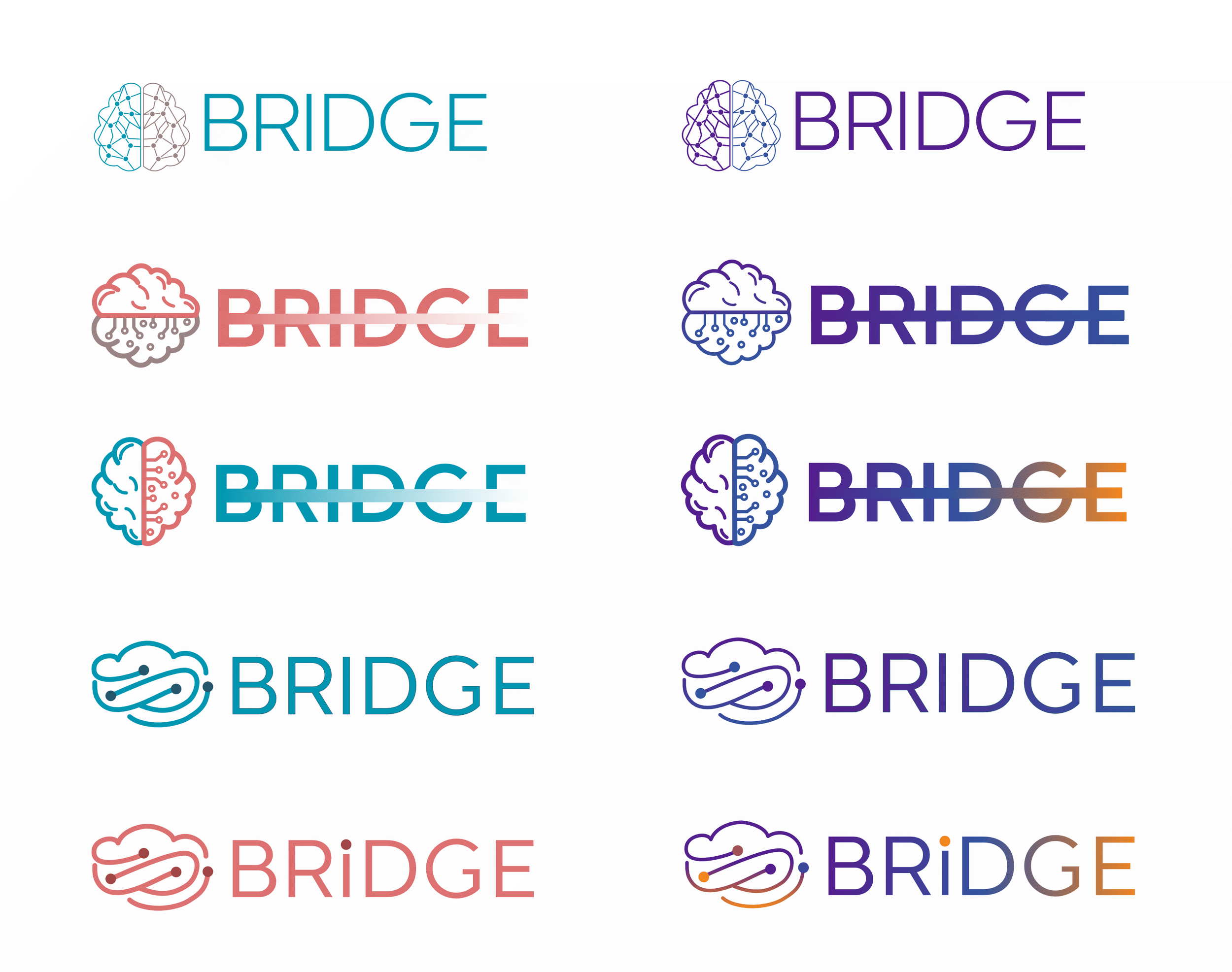 Multiple variations of the word 'BRIDGE' with different brain and network-themed logos in various colors and styles.