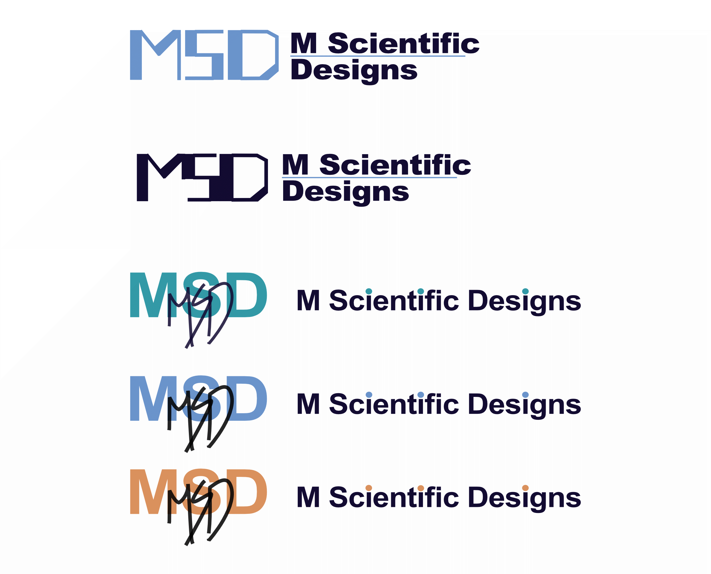 A collection of six logo variations for M Scientific Designs, each with different font styles, colors, and design elements, arranged vertically on a white background.