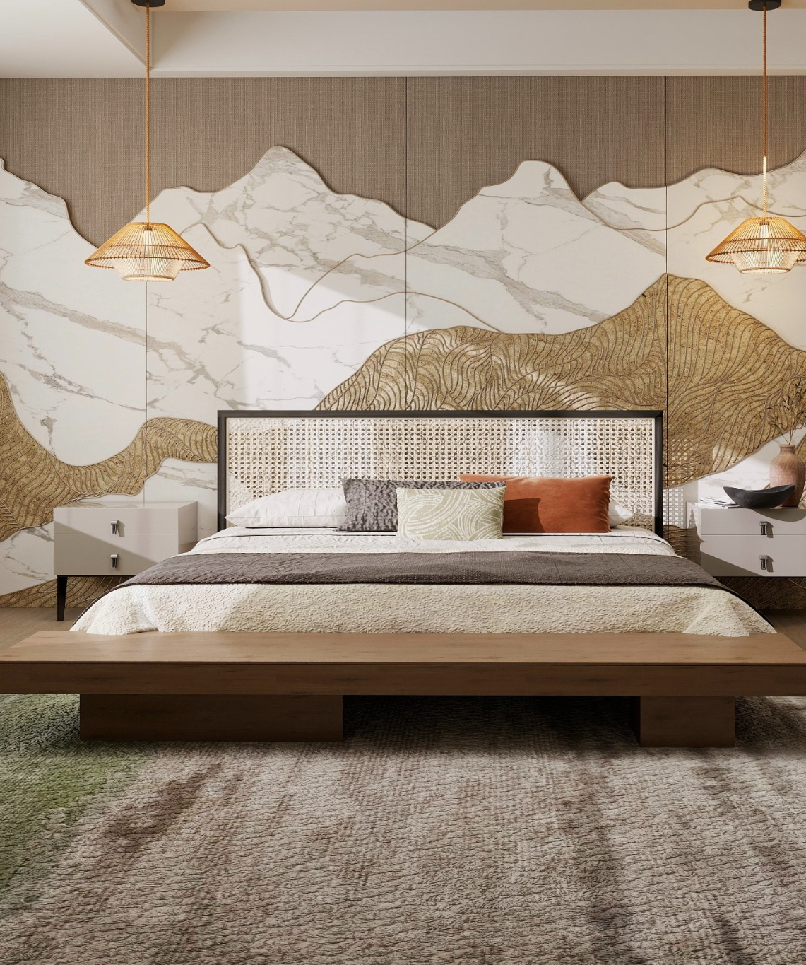Modern bedroom with a decorative mountain-themed wall mural, a large bed with woven headboard, and pendant lights hanging from the ceiling.
