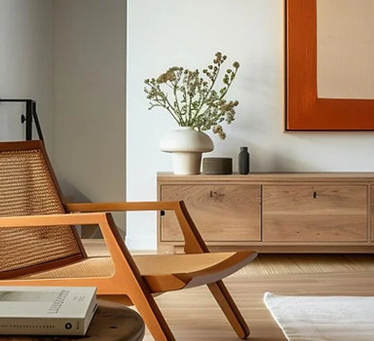 Living room with wooden chair, side table with a book, and a wooden cabinet with a vase of flowers, a small black bottle, and a square mirror on the wall.