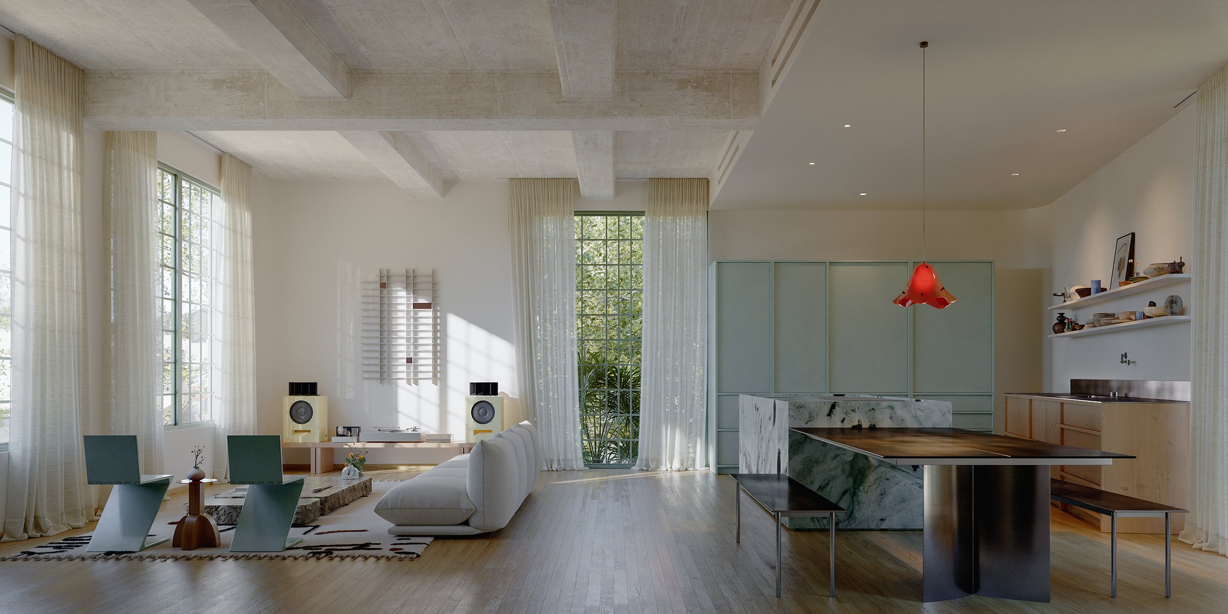 Living room with high ceilings, large windows with curtains, modern furniture, and a kitchen island with a red pendant light.