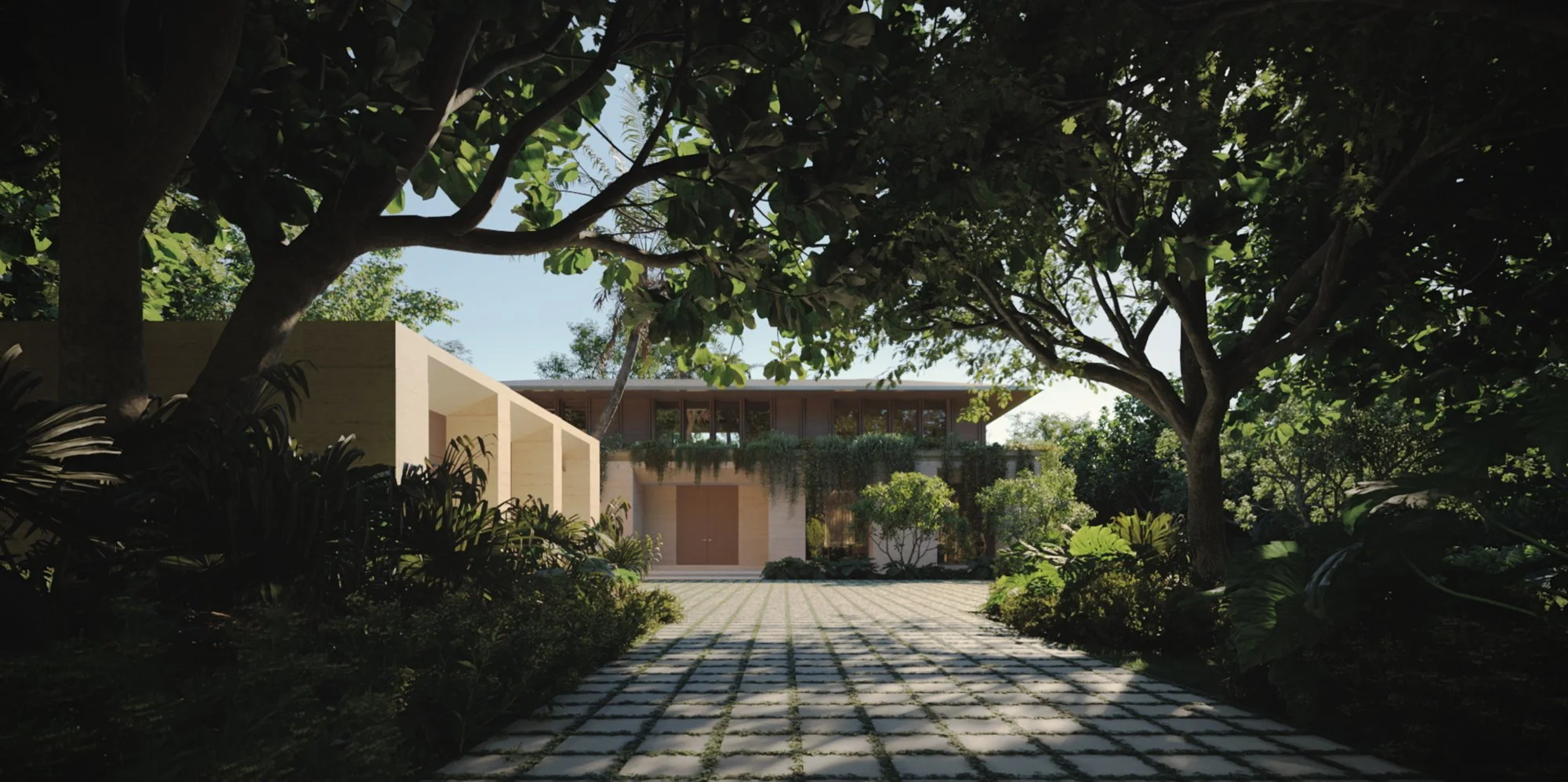 A modern house partially hidden behind lush green trees with a paved walkway leading to the entrance.