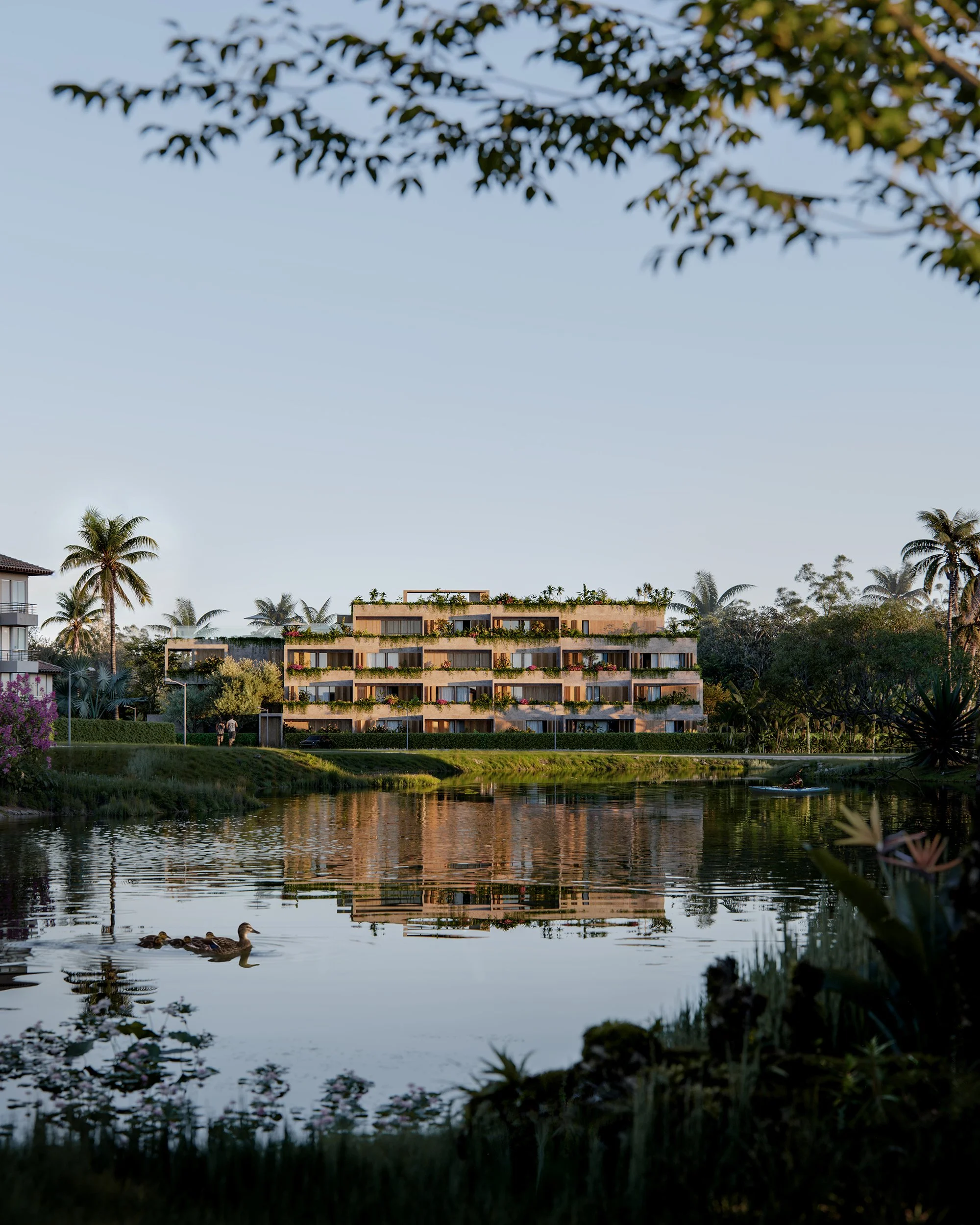 The image features a tranquil scene with a pond in the foreground where two ducks are swimming. In the background, there are modern apartment buildings surrounded by lush greenery and tall palm trees. The sky is clear and light blue, indicating a pea