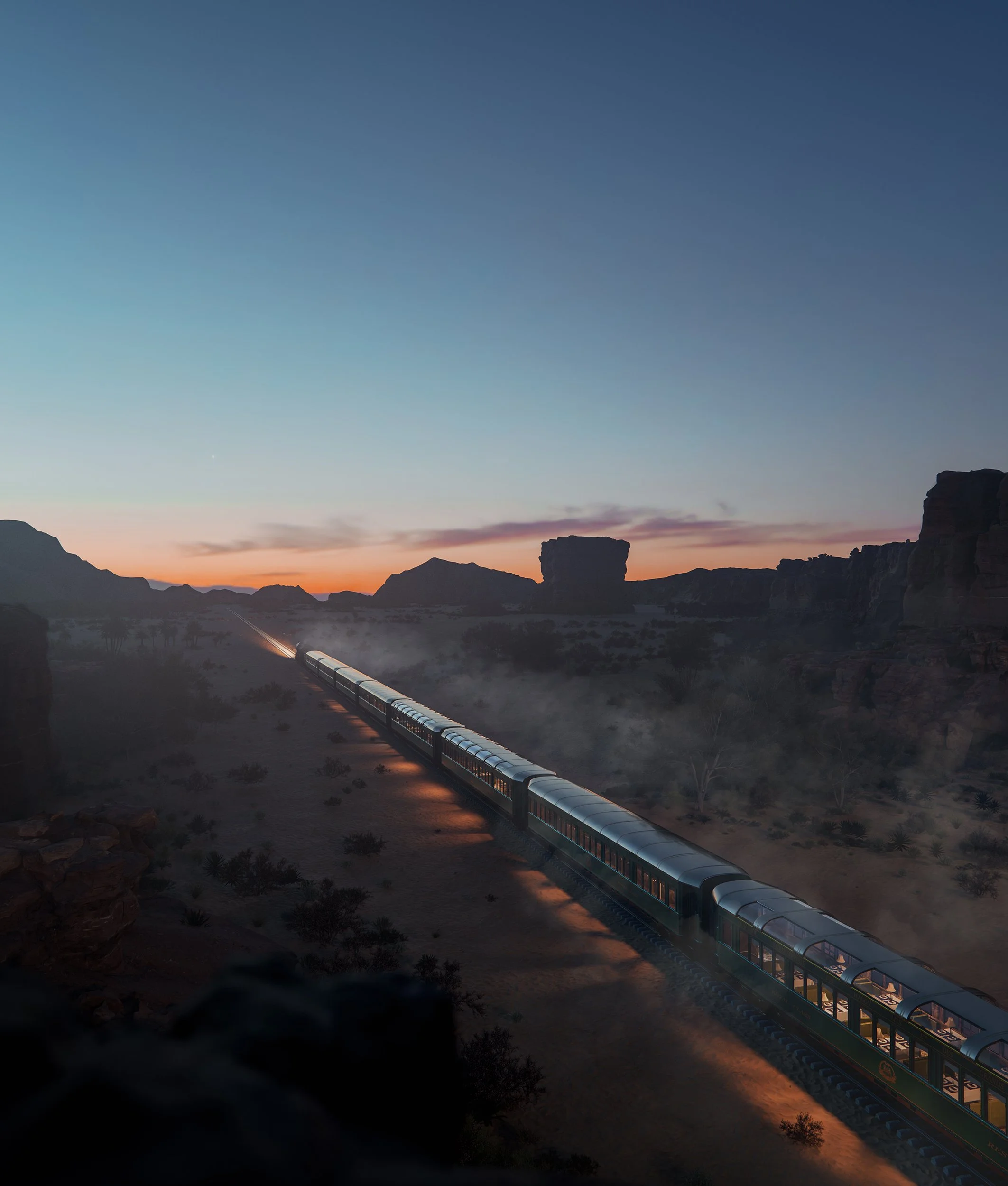 A futuristic train traveling through a desert landscape at dusk, with large rock formations and mountains in the background.