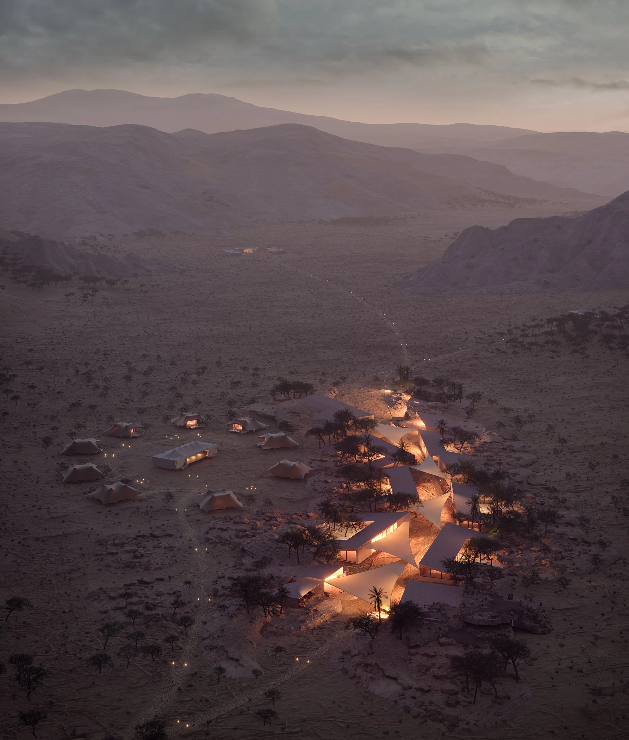 A desert landscape at dusk with rolling hills and distant mountains. There are modern, tent-like structures with glowing interiors scattered throughout the area. Pathways lined with small lights connect the structures, and sparse trees are visible ar