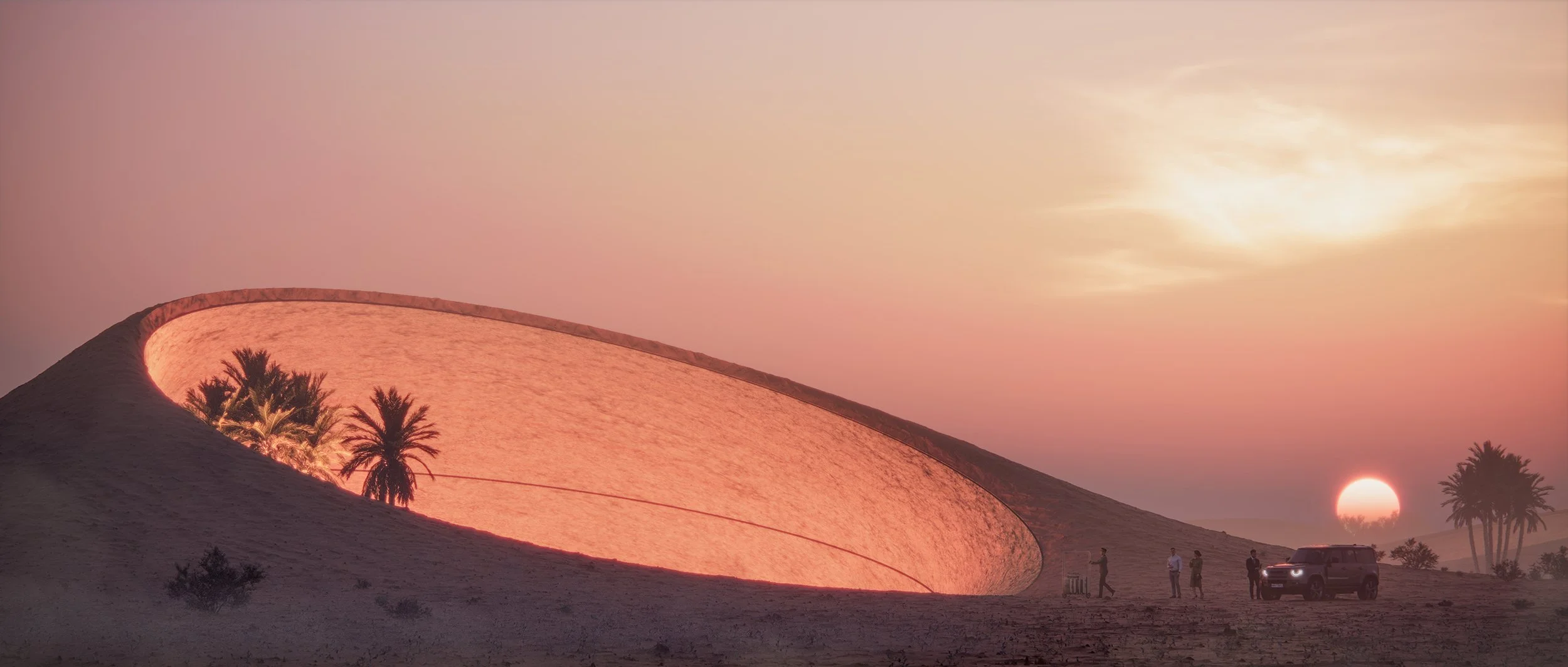 A desert landscape at sunset with a large, curved building that has a reflective surface, palm trees, people standing near a vehicle, and the sun near the horizon.