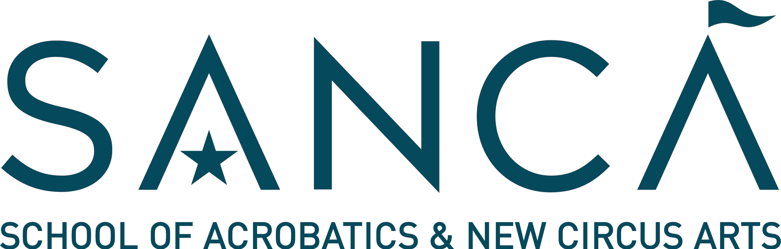 Sancea School of Acrobatics and New Circus Arts logo with dark blue text and a star replacing the letter A in Sancea.