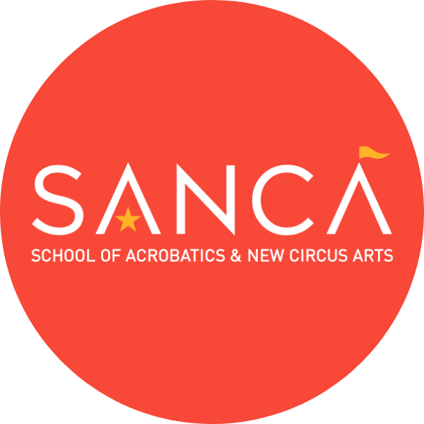 Logo for SANCA School of Acrobatics & New Circus Arts, featuring red background with the word SANCA in white, a yellow star inside the letter A, and a small yellow flag on the top right of the final A.