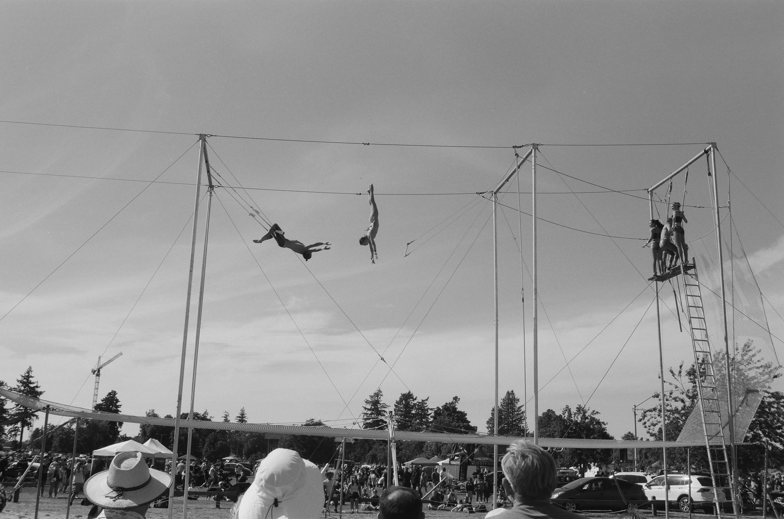 People watching trapeze artists perform at an outdoor event, with two performers mid-air and others standing by the trapeze setup, surrounded by a crowd and trees in the background.