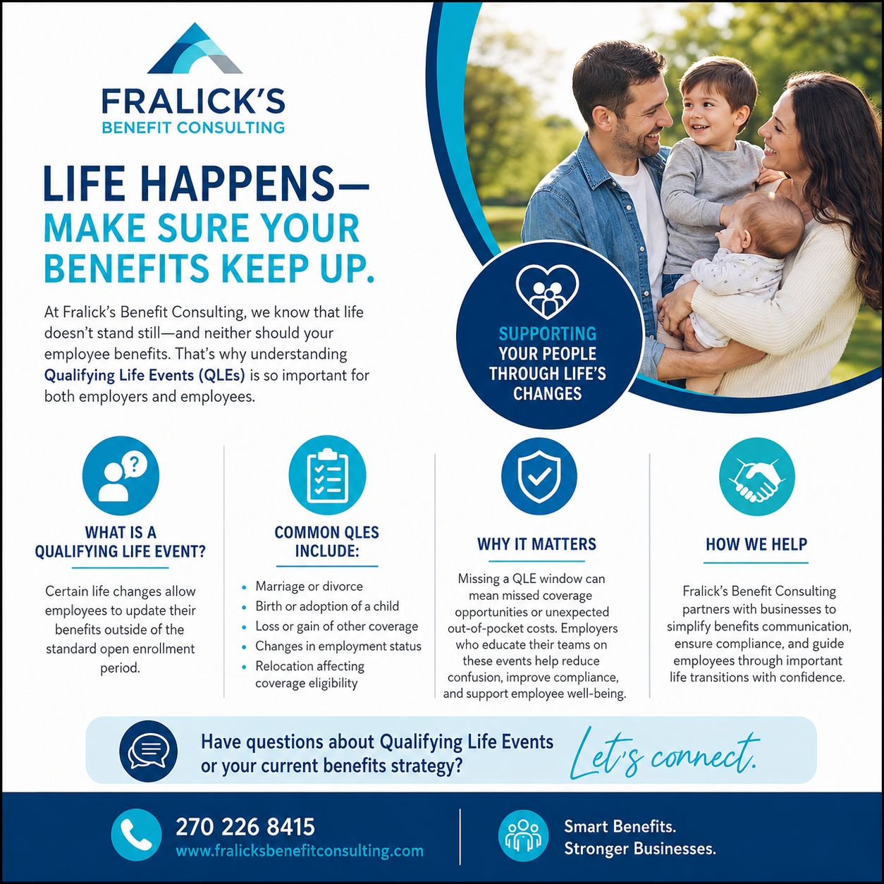 A promotional flyer for Fralick's Benefit Consulting. It features a smiling family of four outside, with a man, woman, a young boy, and a baby. The flyer emphasizes the importance of life benefits and understanding qualifying life events, with sectio