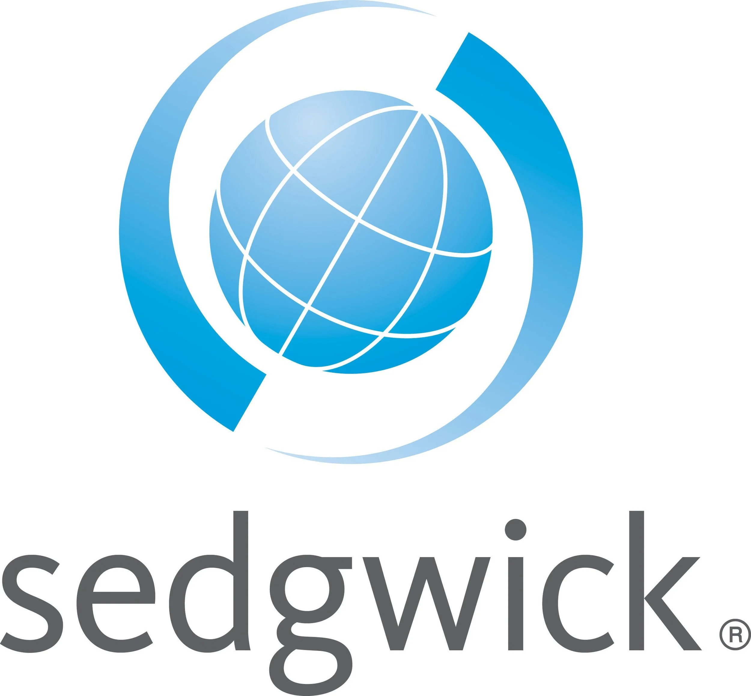Blue globe with white latitude and longitude lines surrounded by circular shapes, with the word 'sedgwick' written below.