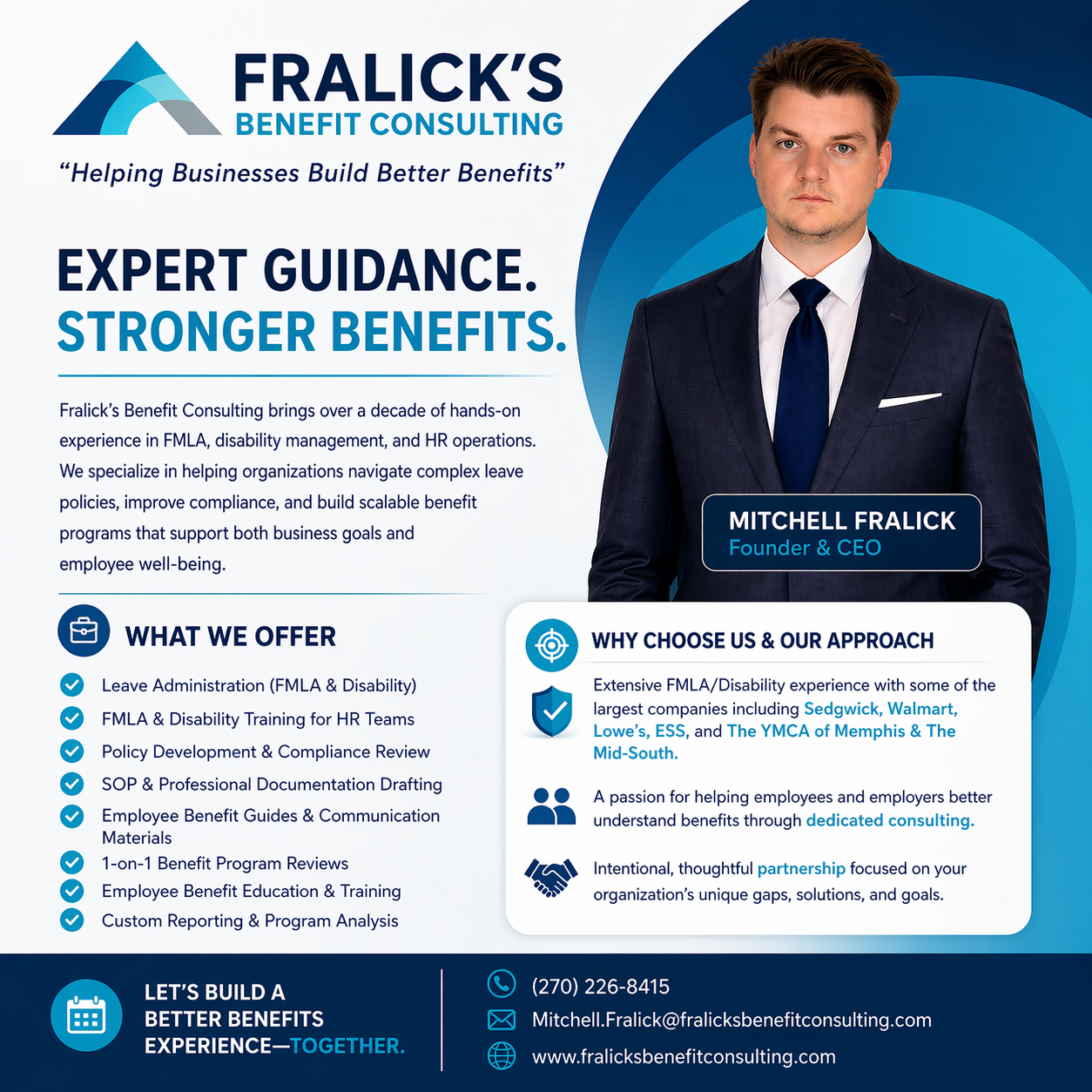 A promotional flyer for Fralick's Benefit Consulting featuring a professional photo of Mitchell Fralick, Founder & CEO, and detailed information about services offered, experience, and contact details, with a blue and white color scheme and icons.