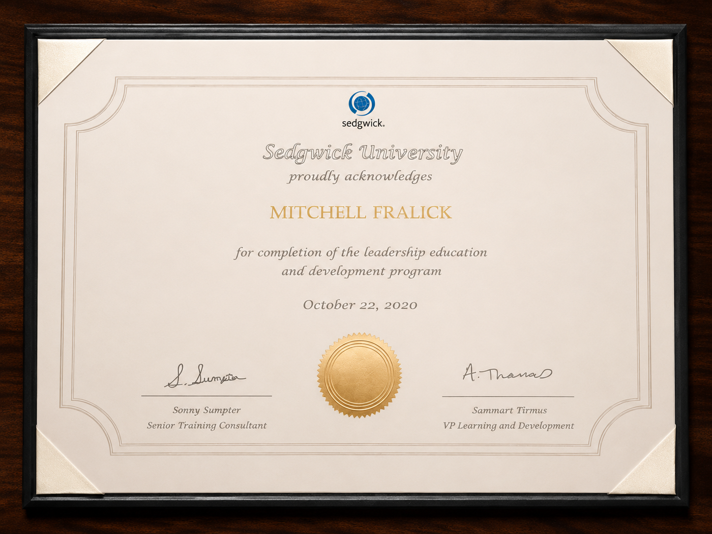 Mitchell Fralick completed the Sedgwick University Leadership Education and Development Program