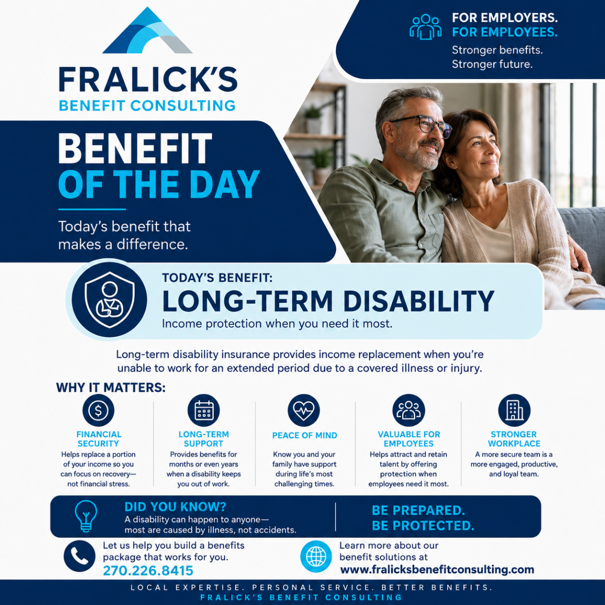 An informational flyer by Fralick's Benefit Consulting promoting long-term disability insurance. The flyer features a photo of an elderly couple sitting on a sofa, with text highlighting benefits like income protection, financial security, support, p