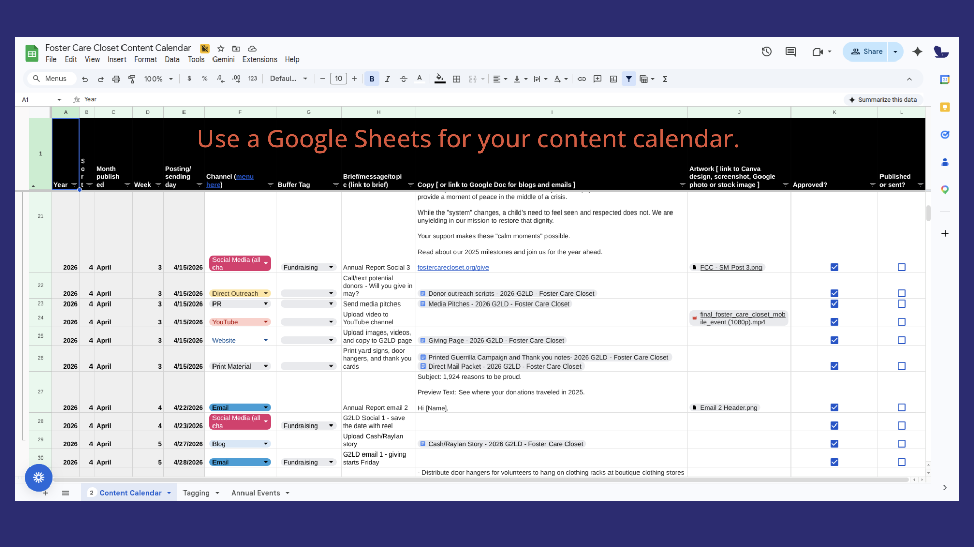 Use google sheets for your content calendar