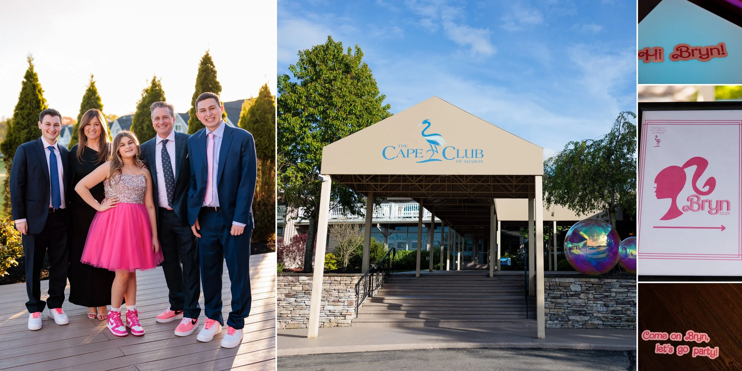 Family dressed in formal attire with pink sneakers and a girl in a pink dress, outside the Cape Club of Sharon, with a large beach ball and pink-themed decorations for a party, celebrating Bryn.