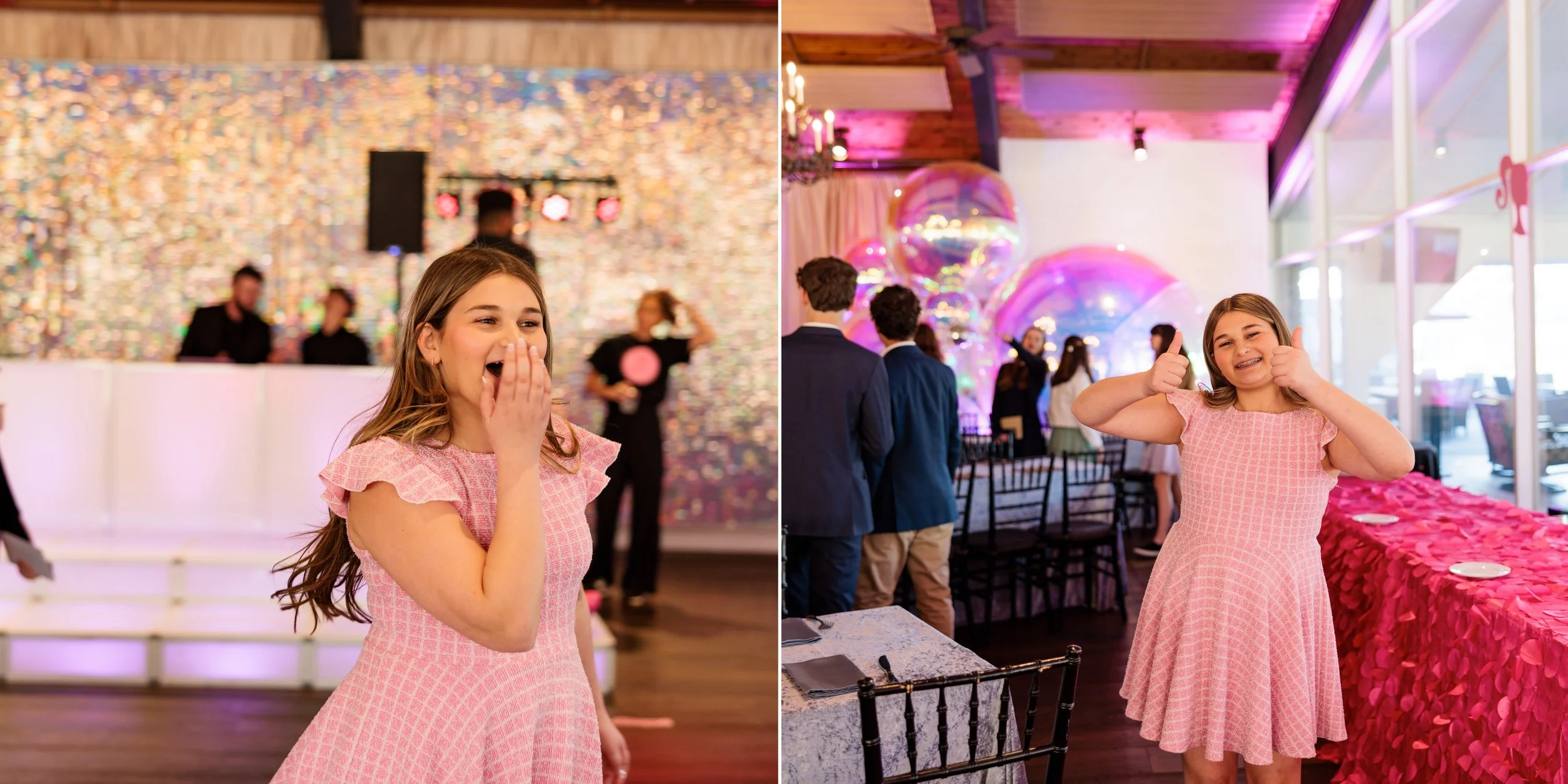 Two images of a young girl in a pink dress during a celebration. In the first image, she is covering her mouth as she laughs, with a blurred party scene in the background. In the second image, she is smiling and giving two thumbs up, with a decorated