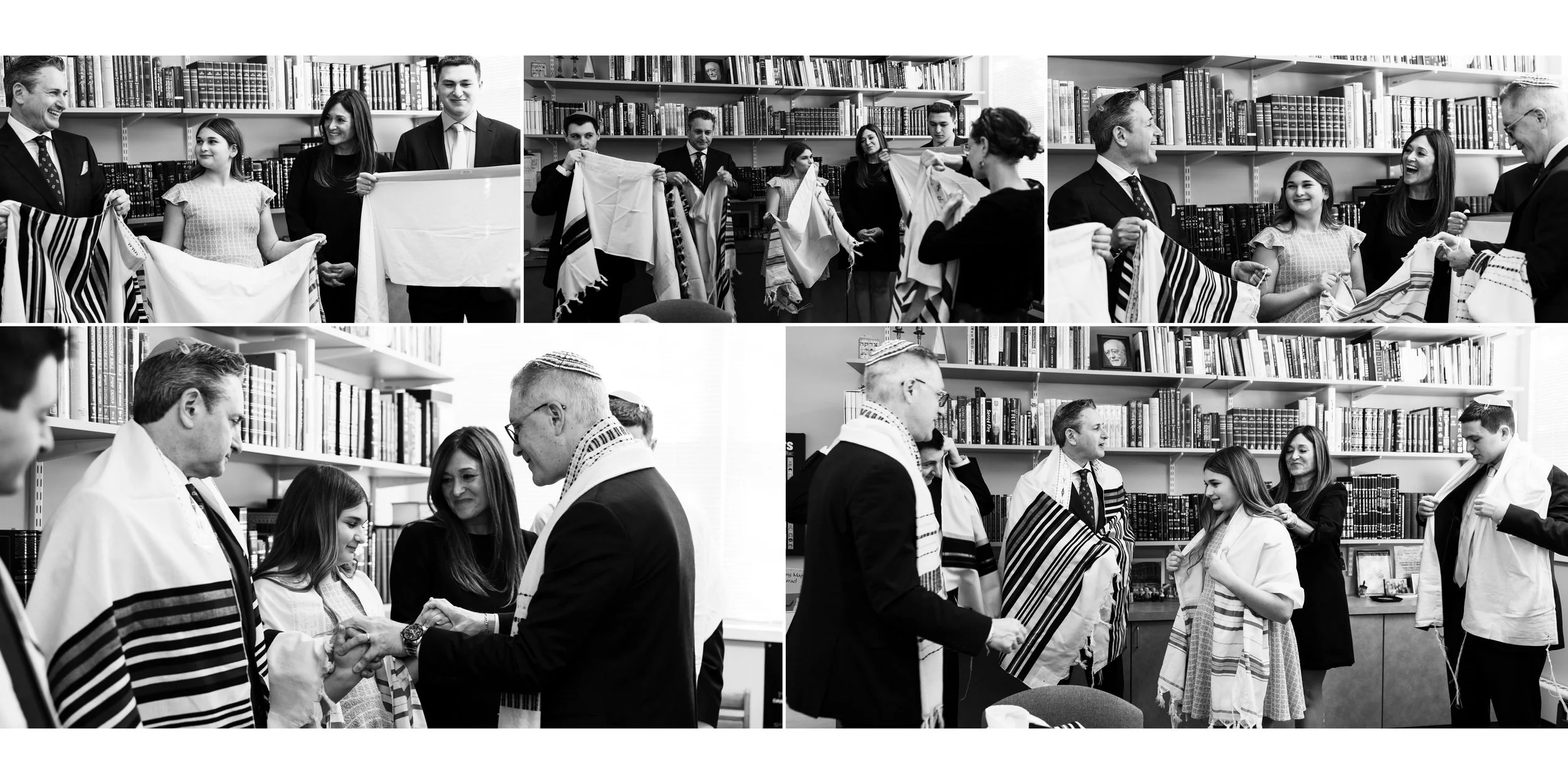 People participating in a Jewish Bar/Bat Mitzvah ceremony, draping tallit over the young girl, in a library setting.