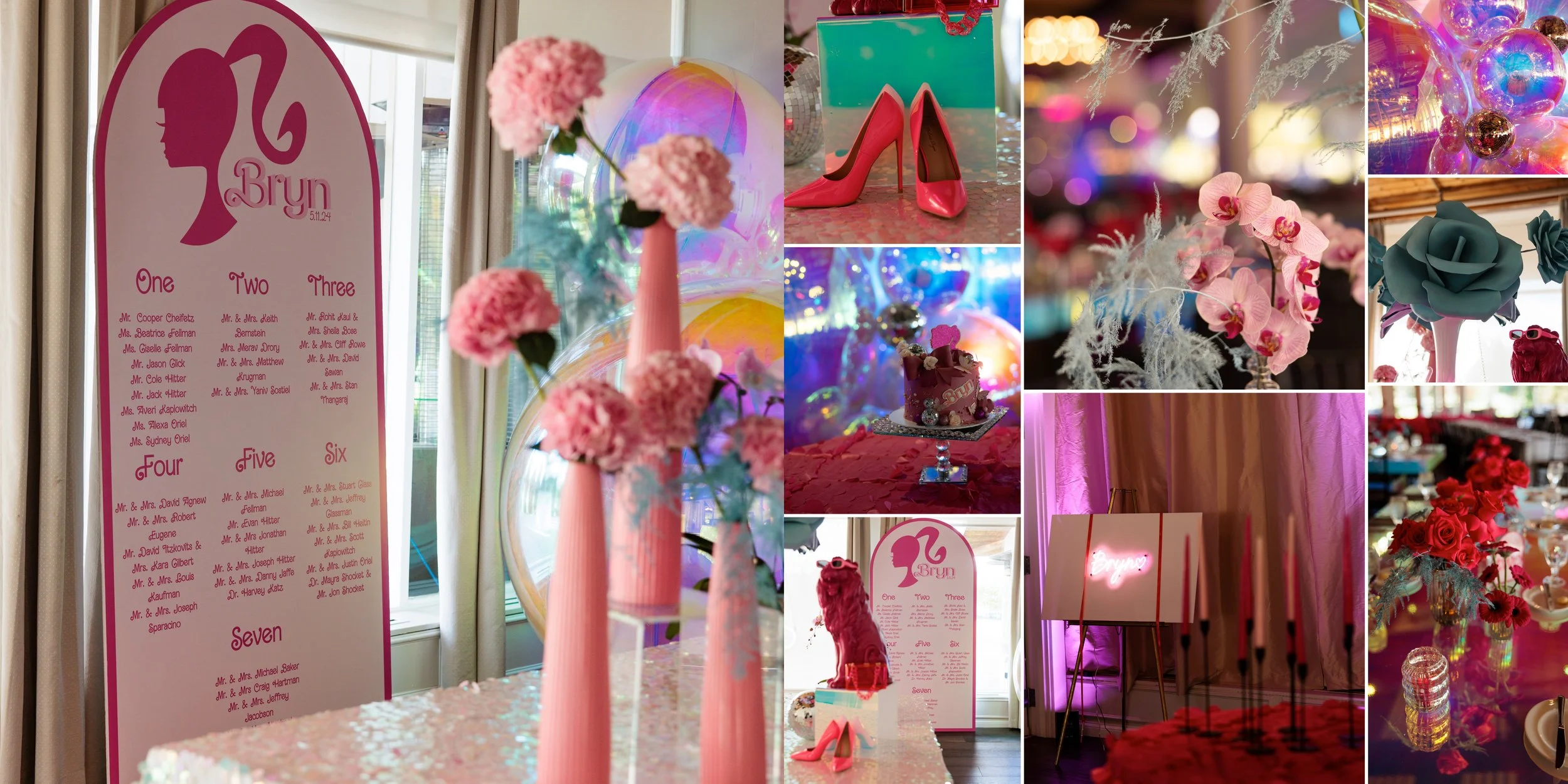 Decorative party display with floral arrangements, pink high heels, candles, and a pink and white themed table setup, including a seating chart and neon signs.