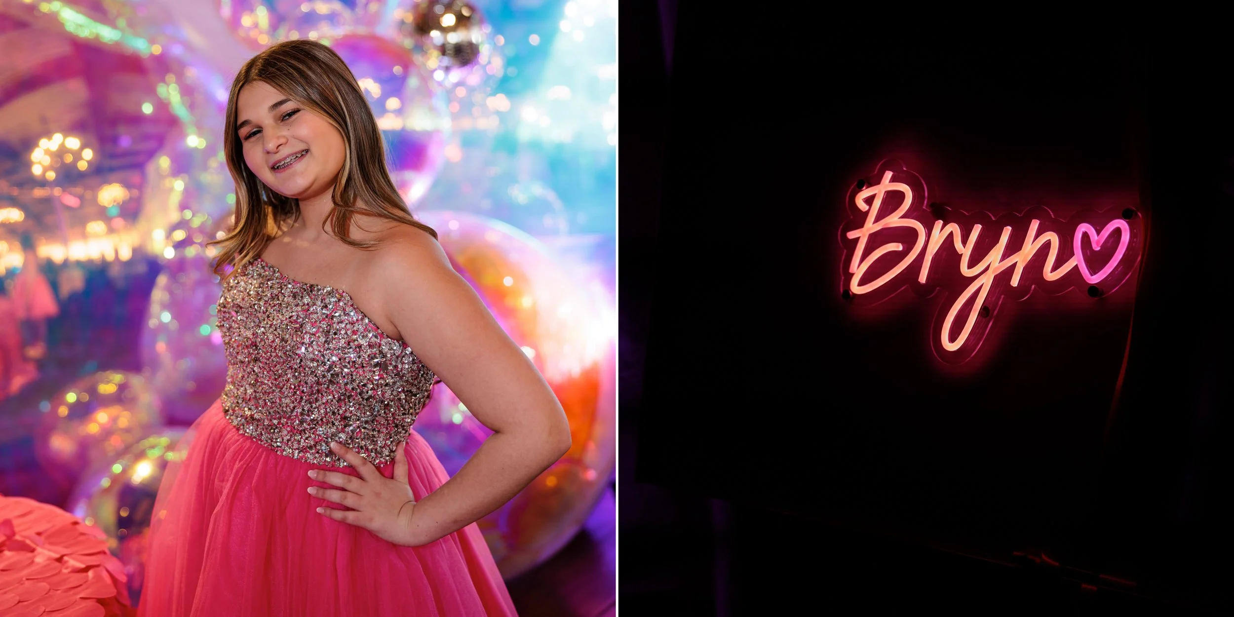 A young girl wearing a glittery pink dress smiling at a party with colorful decorations and balloons, and a neon sign that says 'Brynn' with a heart.