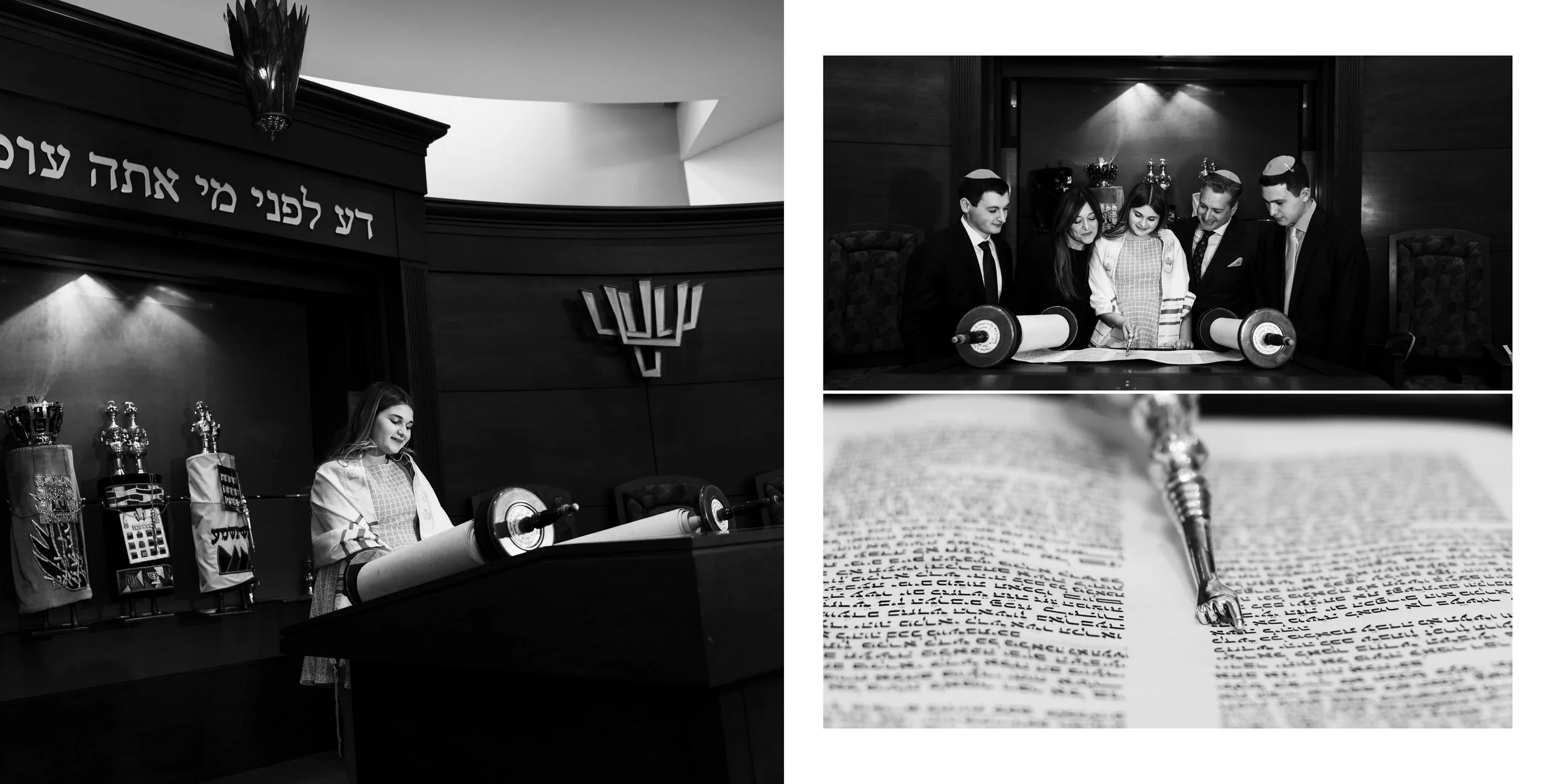 Black and white photos of a Jewish wedding: a woman reading from a Torah scroll, a group of people looking at a Torah, and a close-up of the Torah scroll with a silver yad pointing at the text.