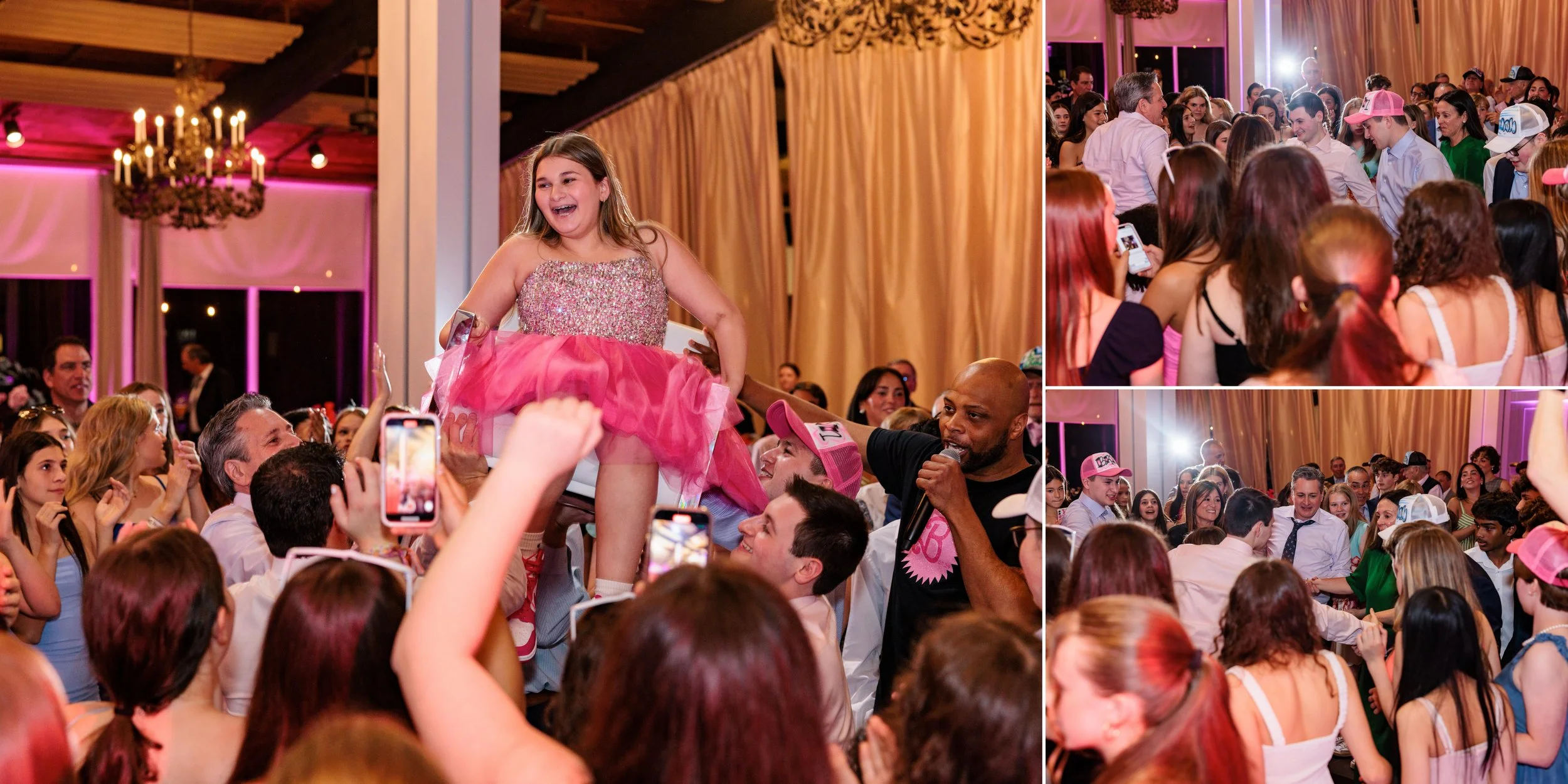 Young girl in a sparkly pink and silver dress being lifted onto the dance floor at a birthday party, surrounded by friends and family, with a crowded and festive atmosphere.