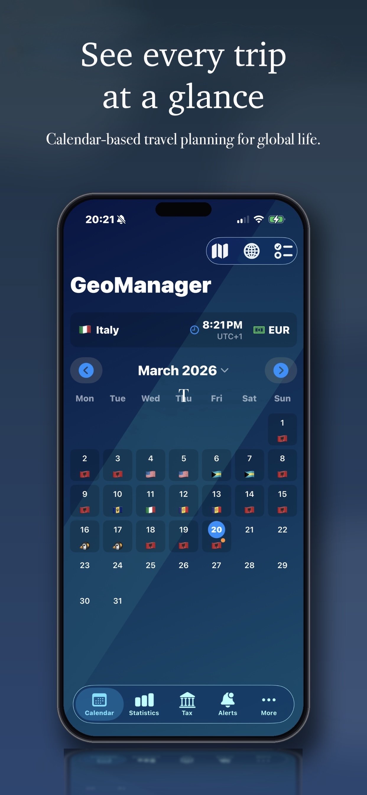 Screenshot of a travel planning app called GeoManager displaying a calendar for March 2026 with various international flags marking travel dates, and icons for statistics, tax, alerts, and more at the bottom.