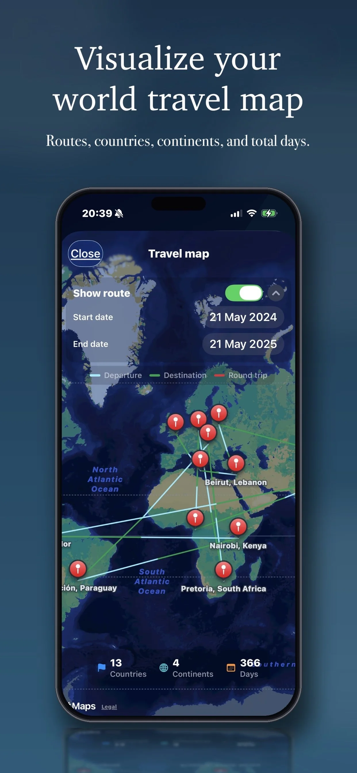A smartphone screen displaying a world travel map with routes connecting various cities across continents, showing travel dates from May 21, 2024, to May 21, 2025, along with statistics of 13 countries, 4 continents, and 366 days.