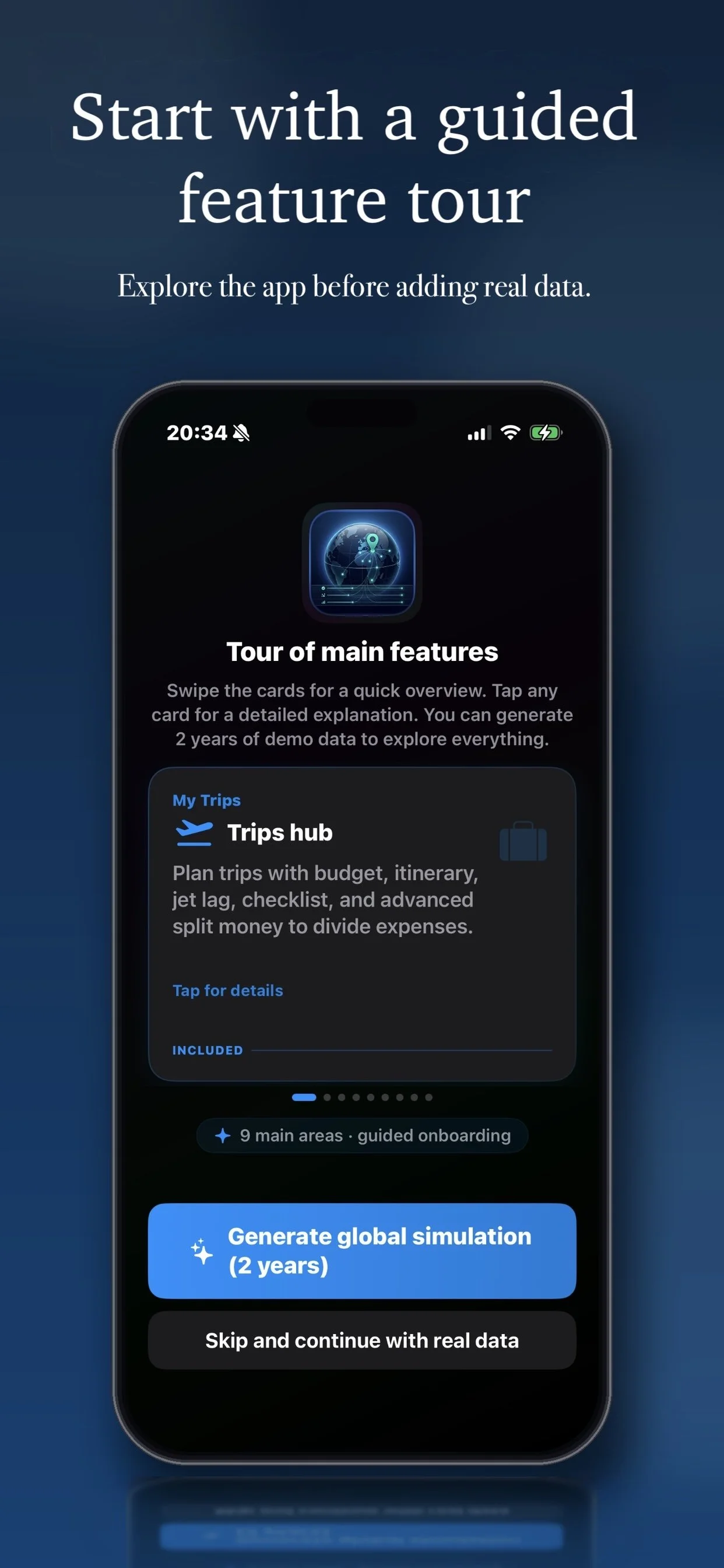 Screen displaying a guided feature tour of a travel app, including a demo button for generating a two-year global simulation, with options for exploring trip planning features.