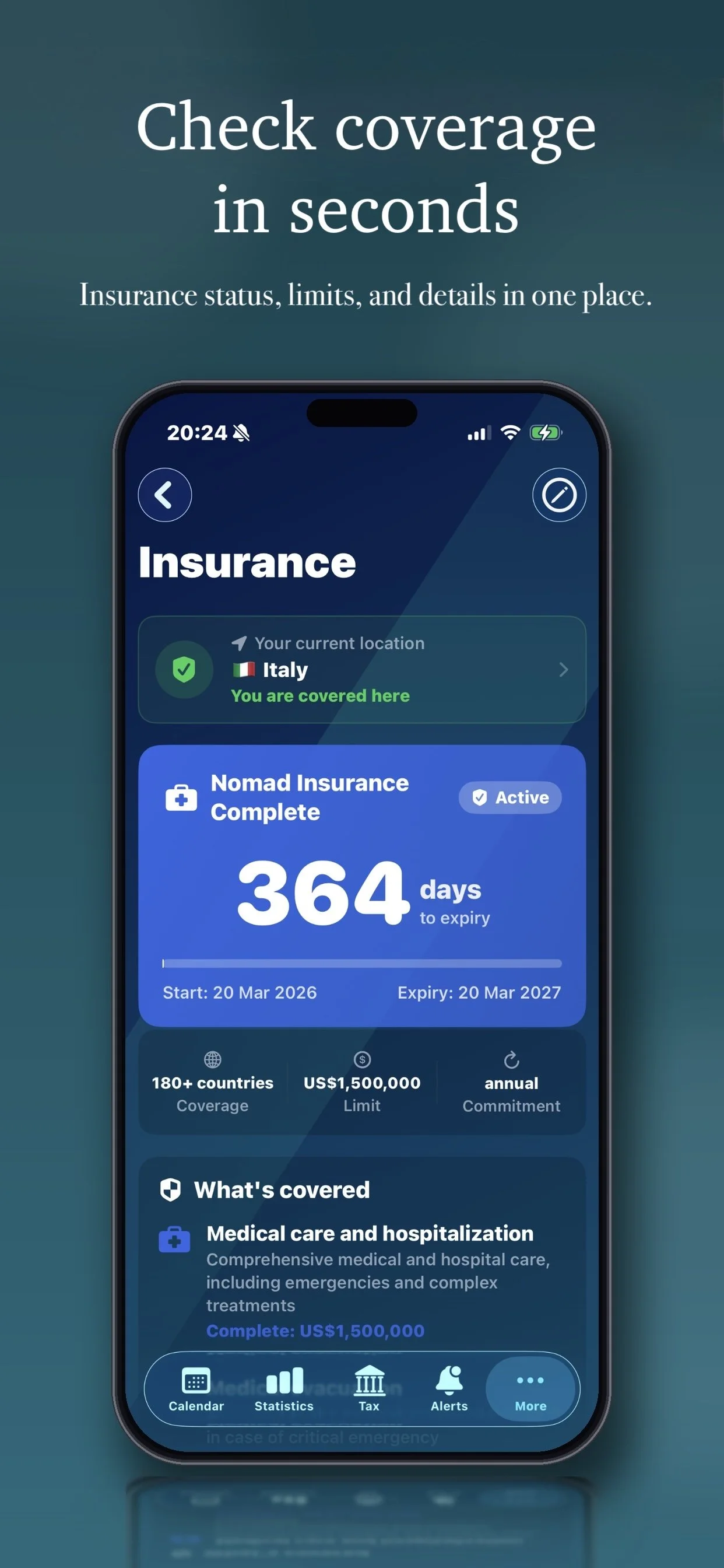 Smartphone screen showing an insurance app with coverage details for Italy, including start and expiry dates, coverage limit, and coverage types like medical care and hospitalization.