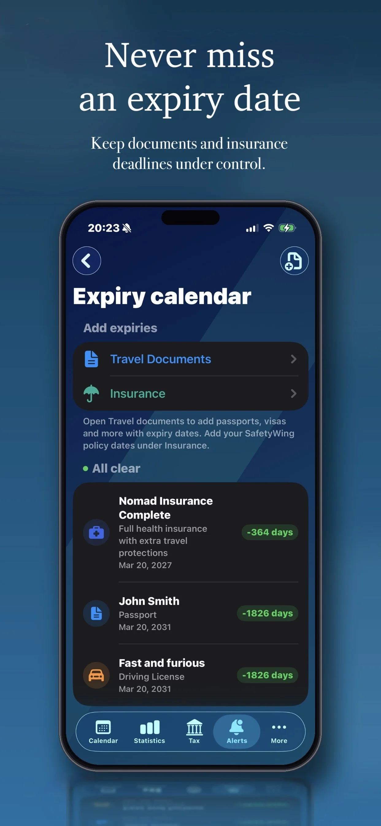 Mobile phone screen displaying an expiry calendar app with sections for Travel Documents and Insurance, listing expiration dates for insurance, passport, and driving license.