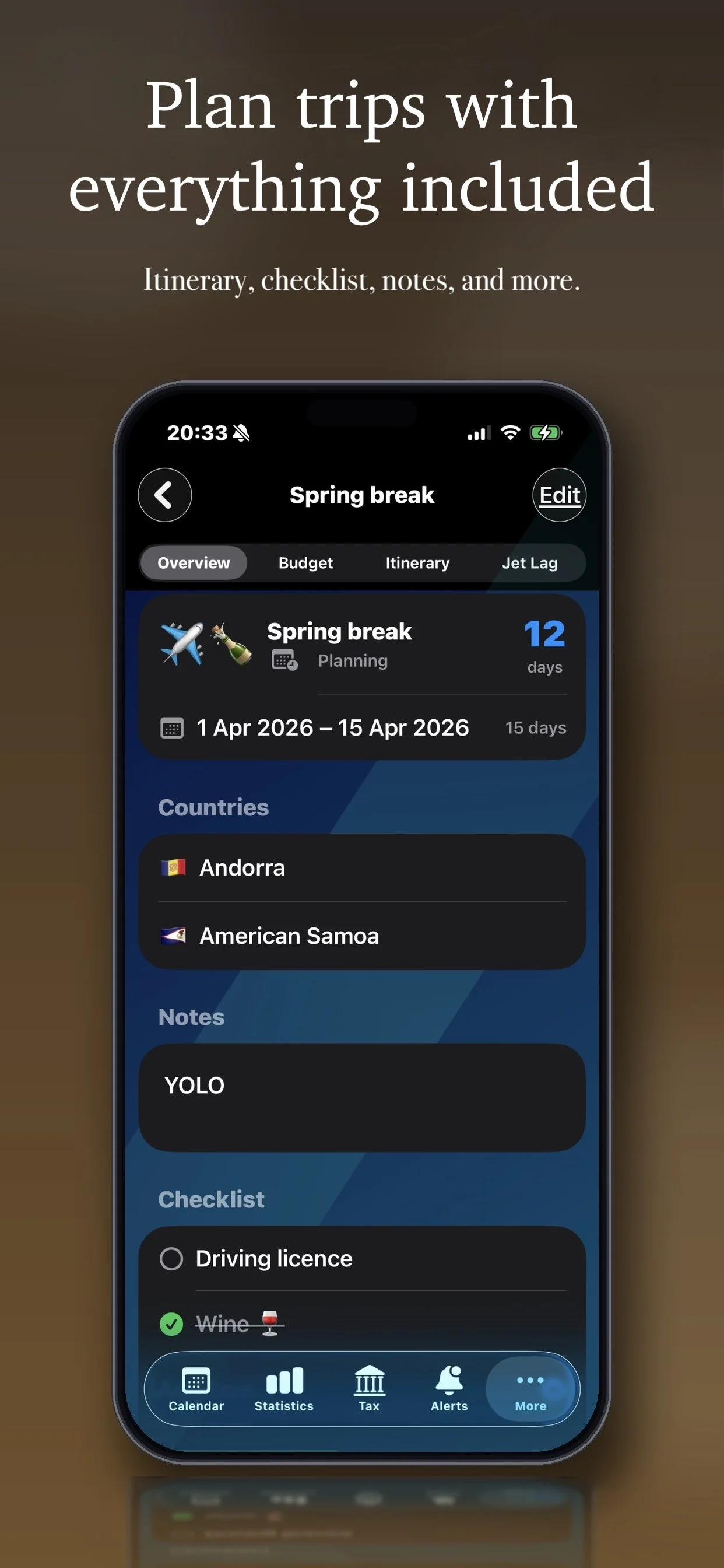 Mobile phone screen displaying a travel planning app with details about a spring break trip, including countries, notes, and a checklist.