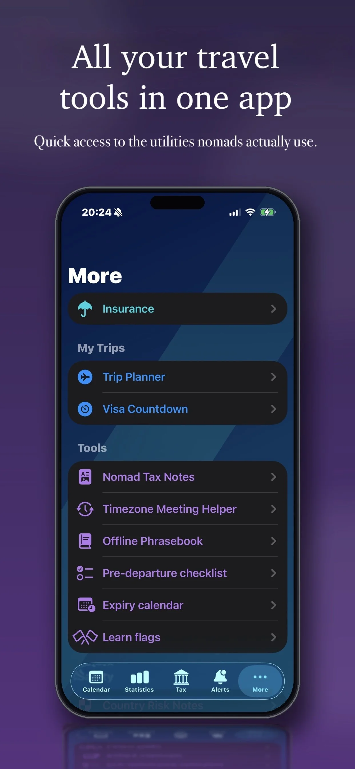 Screenshot of a travel planning app on a smartphone, showing sections for insurance, trip planner, visa countdown, and various tools like tax notes, timezone helper, phrasebook, checklist, calendar, and flags.