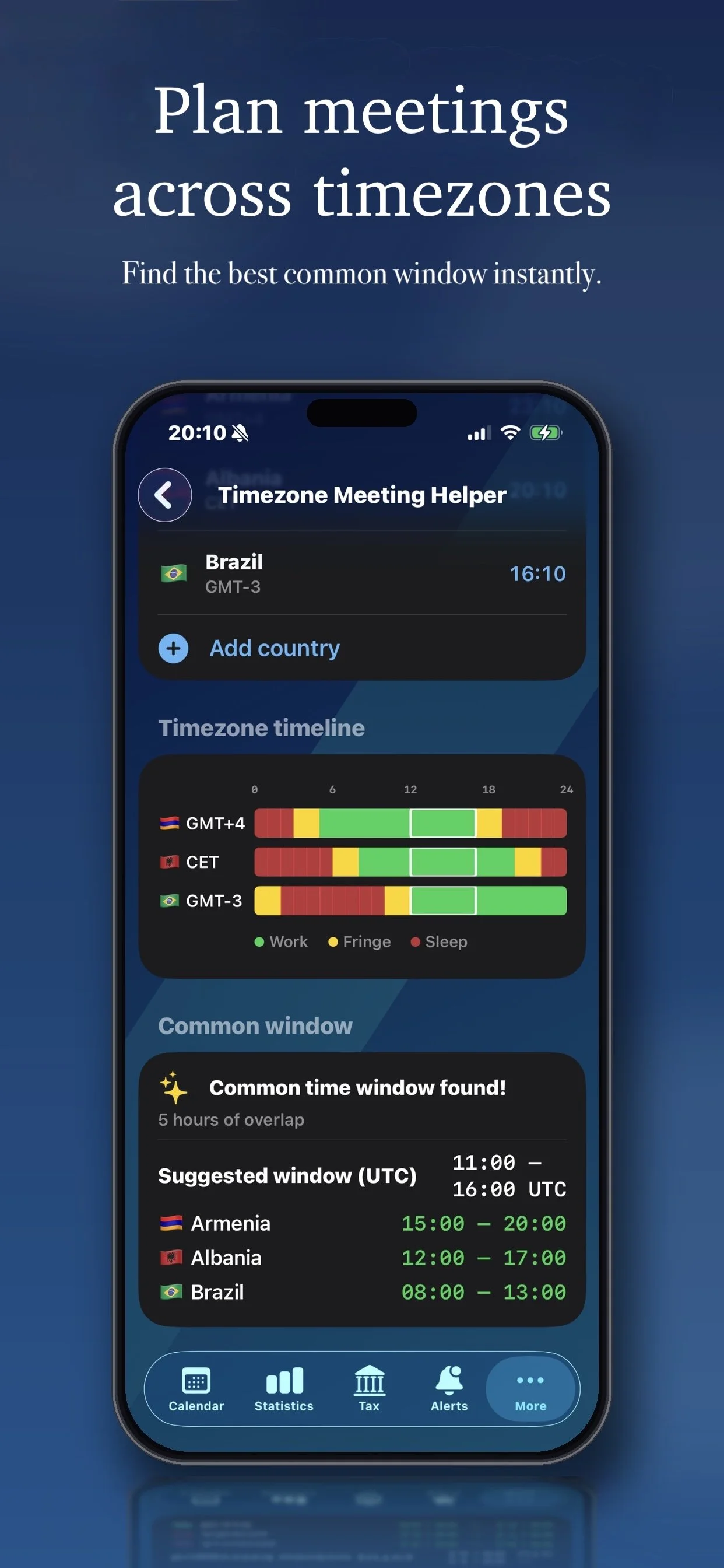 A mobile phone screen displaying a timezone planning app, showing meeting times across different countries with a focus on Brazil's timezone, and a common overlapping window suggested for Armenia, Albania, and Brazil.
