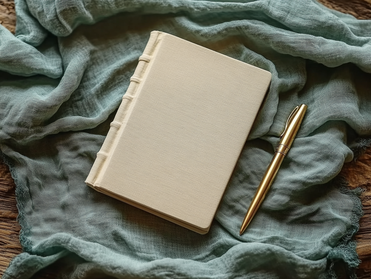 A closed beige notebook and a gold pen resting on a crumpled blue-gray cloth on a wooden surface.