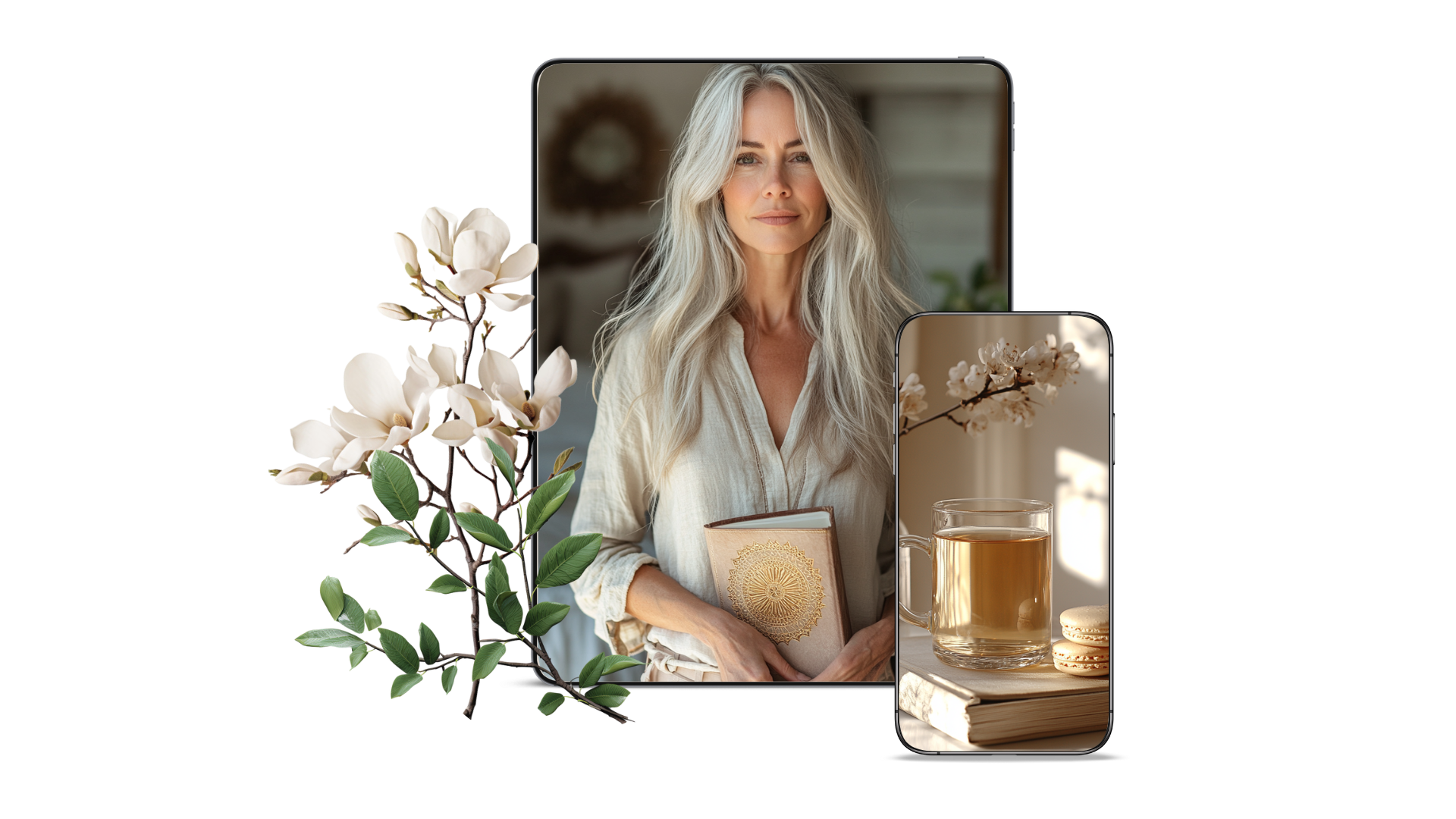 A woman with long blonde hair holds a book, standing between two smartphones displaying images of flowers and drinks, with magnolia blossoms in the foreground.